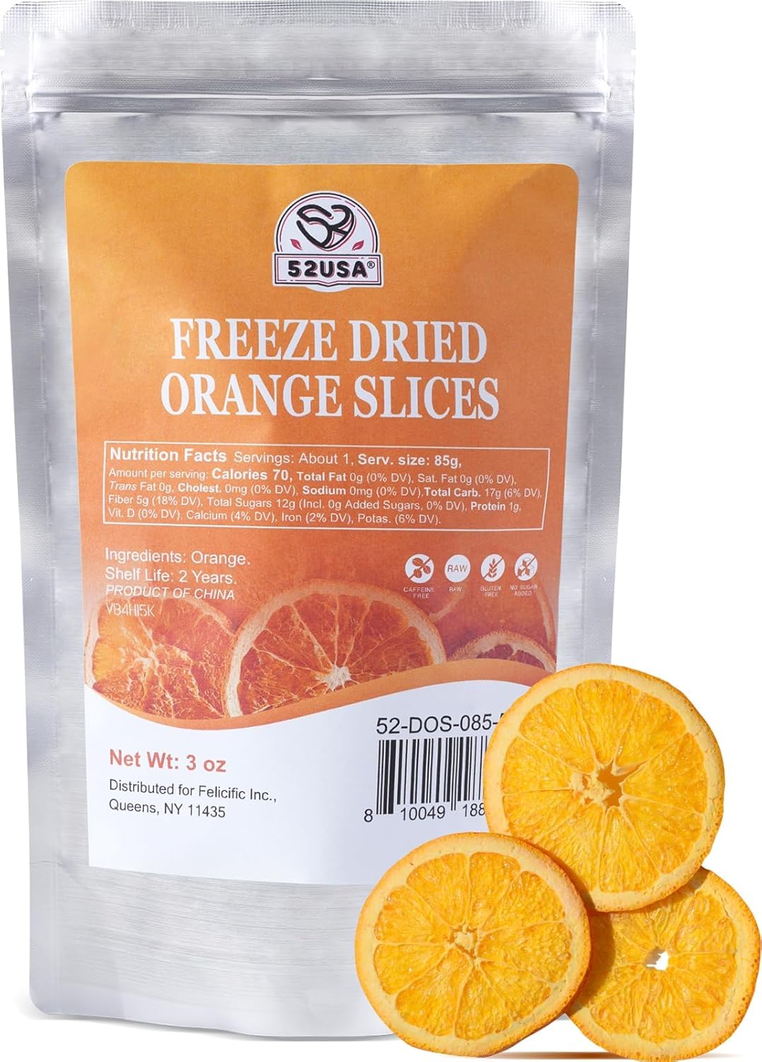 52USA Freeze Dried Orange Slices, 3oz (85g), Dehydrated Orange Slices, All Natural, No Additives, No Sugar Added, Dried Fruit for Cocktails, Snacking, Baking & Garnishing