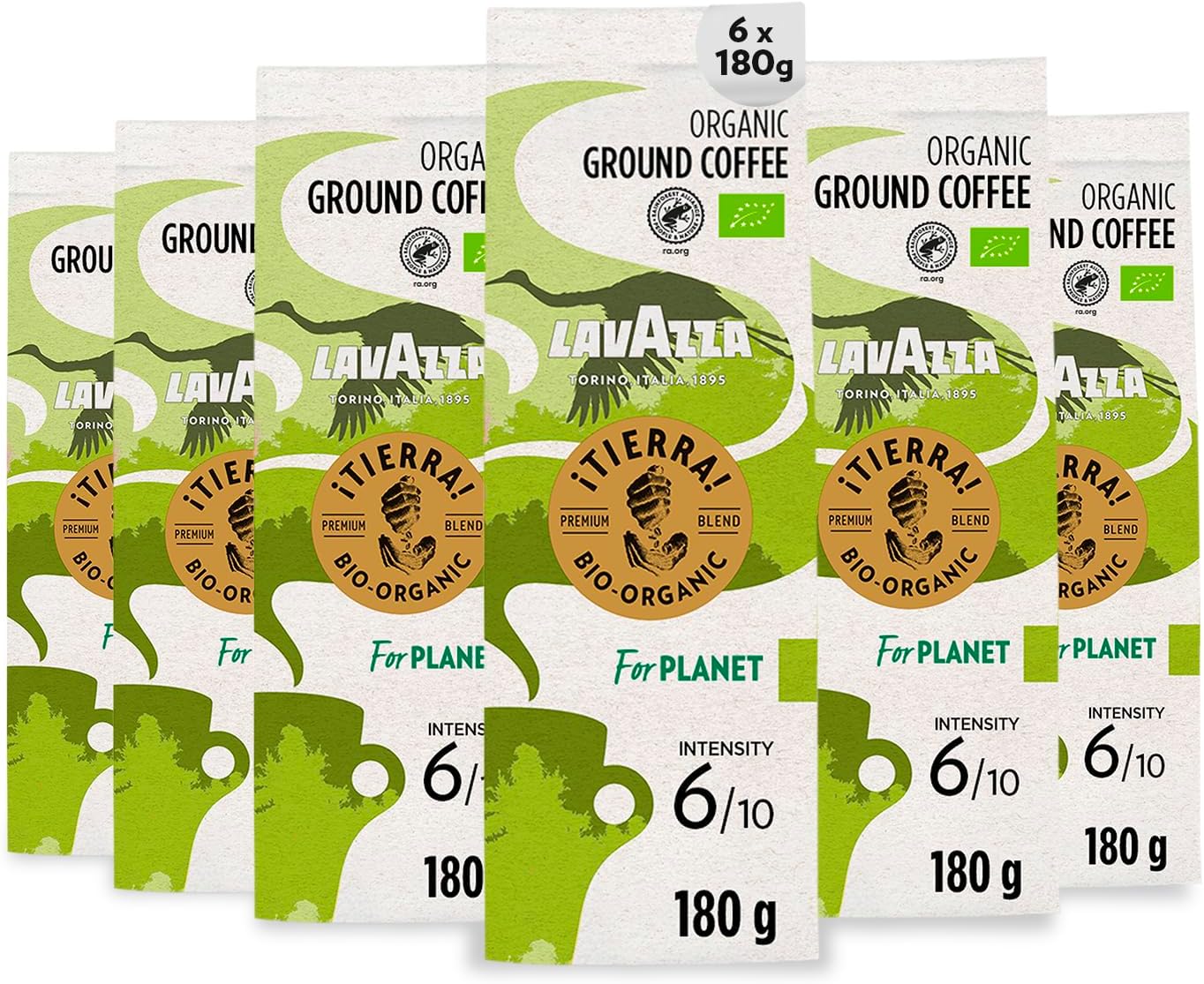 Lavazza, Tierra For Planet, Ground Coffee, 6 Packs of 180g, Ideal for Moka Pot or Filtered Coffee, with Fruity and Flowery Notes, for a Mild Taste, 100% Organic Arabica, Intensity 6/10, Light Roast