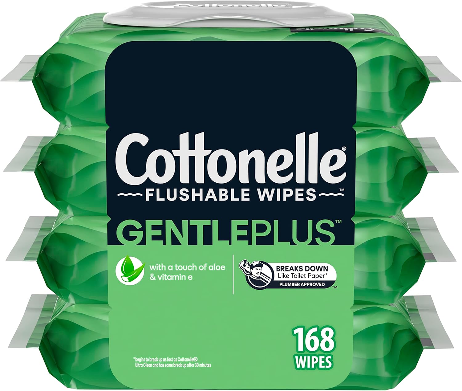 Cottonelle GentlePlus Flushable Wet Wipes with Aloe & Vitamin E - 4 Flip-Top Packs, 168 Total Flushable Wipes, 42 Count (Pack of 4)