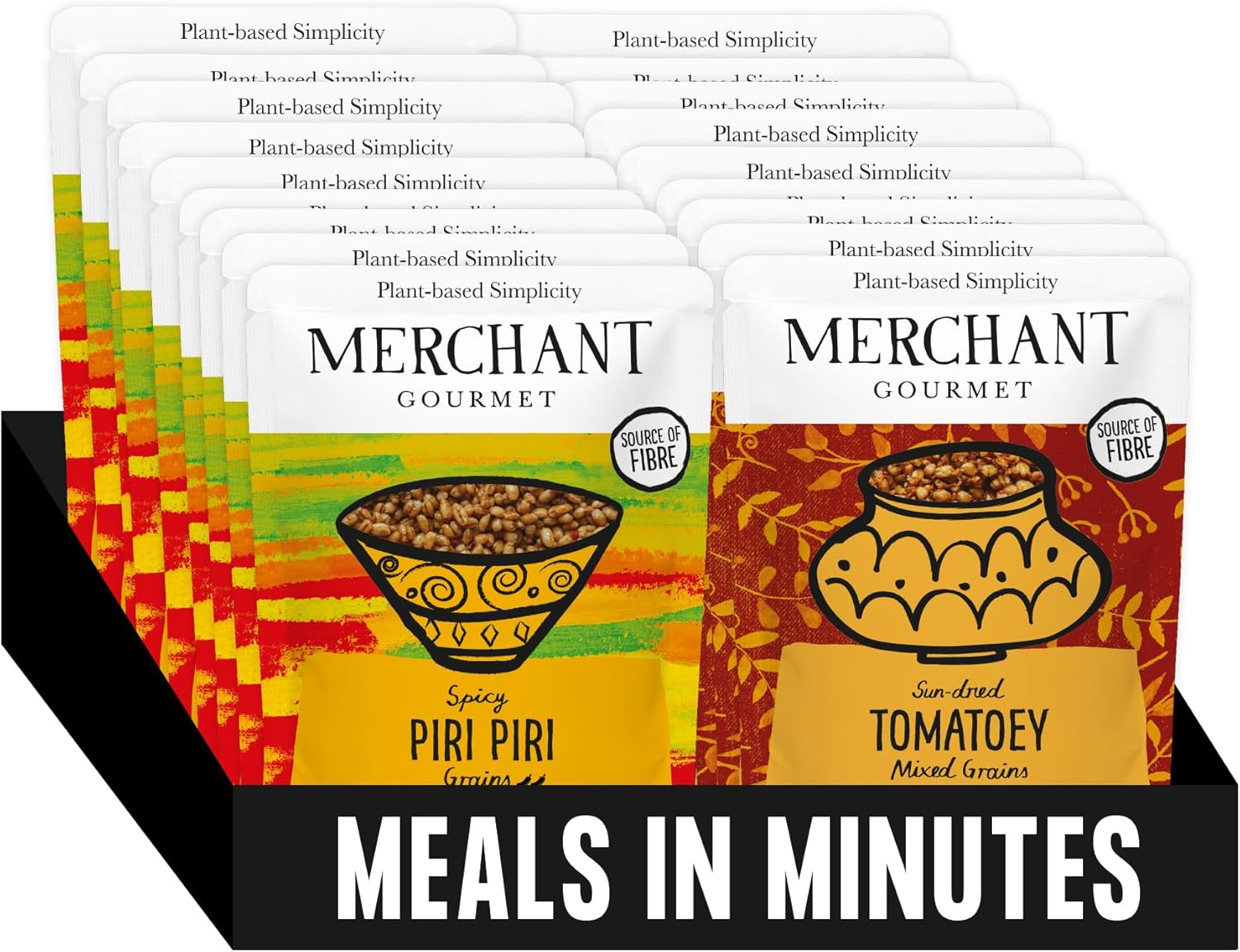LIMITED EDITION Merchant Gourmet Mixed Case, 9 x 220g Ready-to-Eat Piri Piri Grains & 9 x 220g Sundried Tomatoey Mixed Grains, Vegan & High Fibre Pouches, Ready in Minutes