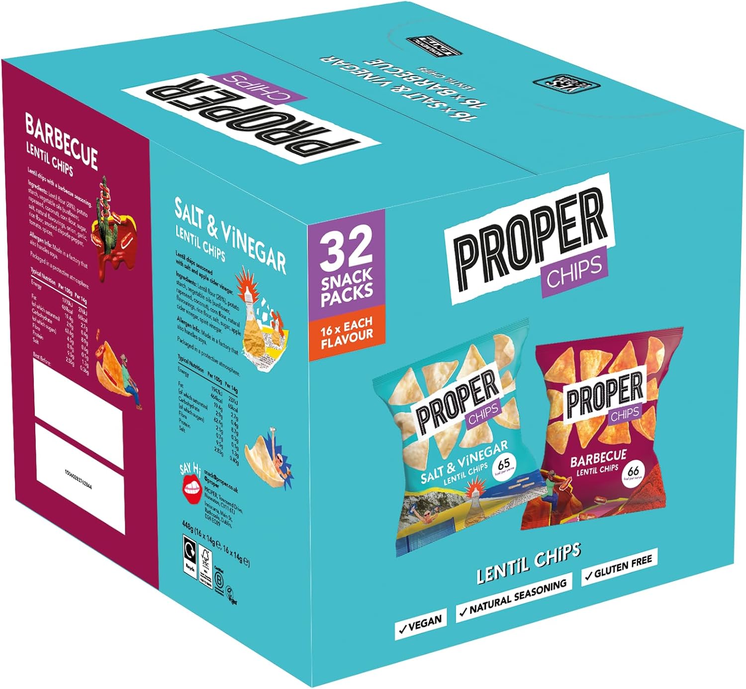 PROPER - Multipack Box, Barbecue and Salt & Vinegar Lentil Chips, Vegan, Gluten Free Snacks, 14g, 32 Packs, (16 bags of each flavour)