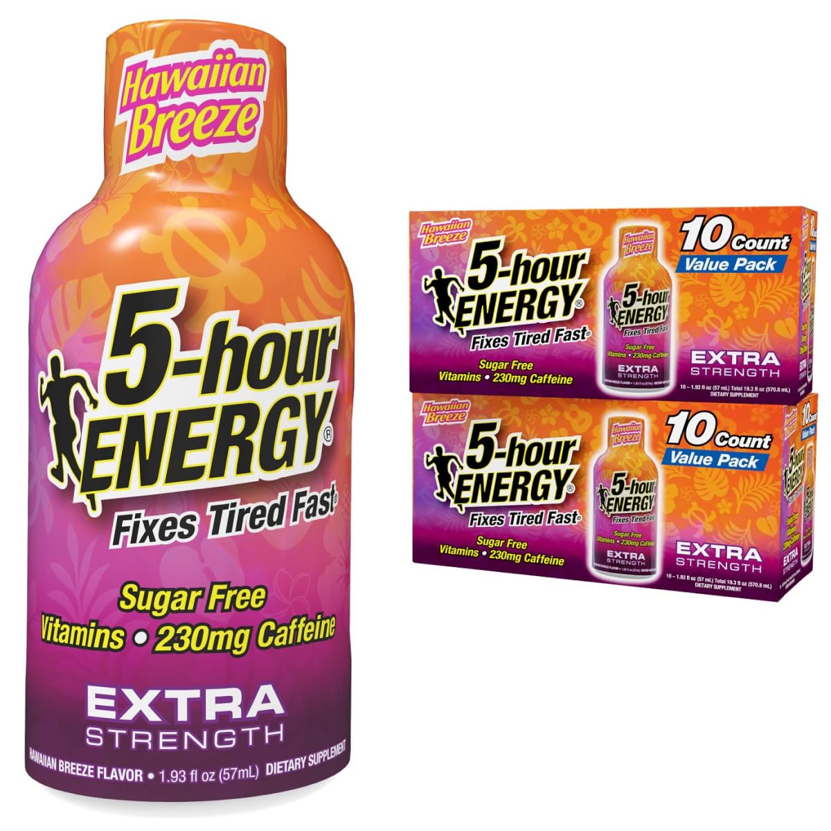 5-hour ENERGY Extra Strength Hawaiian Breeze Energy Shot 1.93oz, 20-Pack – Sugar Free Caffeine Energy Booster with B-Vitamins & Amino Acids – Zero Calorie