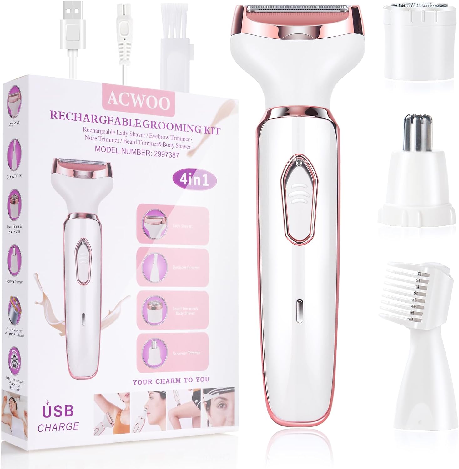 ACWOO Electric Lady Shaver for Women, Bikini Trimmer Women 4-in-1 Wet and Dry, Rechargeable Nose Hair Trimmer, Advanced Pain-Free Electric Razor for Face Legs Underarm Nose and Eyebrow