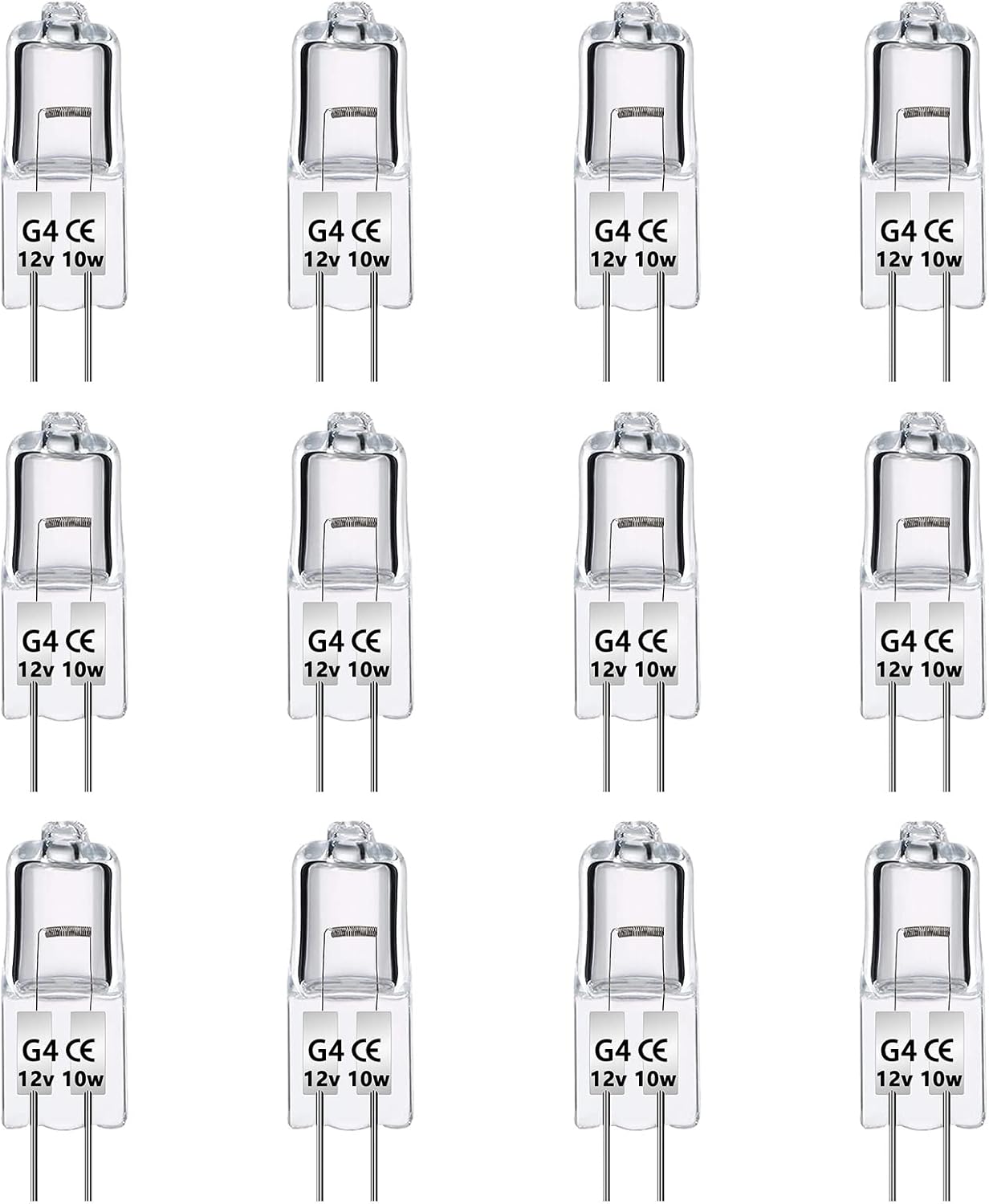 12 Pack G4 Halogen Light Bulbs 10W 12V, Dimmable Clear Capsule Lamp 2 Pin Lamp Bulb, 2700K Warm White, 140LM, G4 Pin Base Halogen Lamps, for Interior Lighting, Track Lighting, Cabinet Lighting
