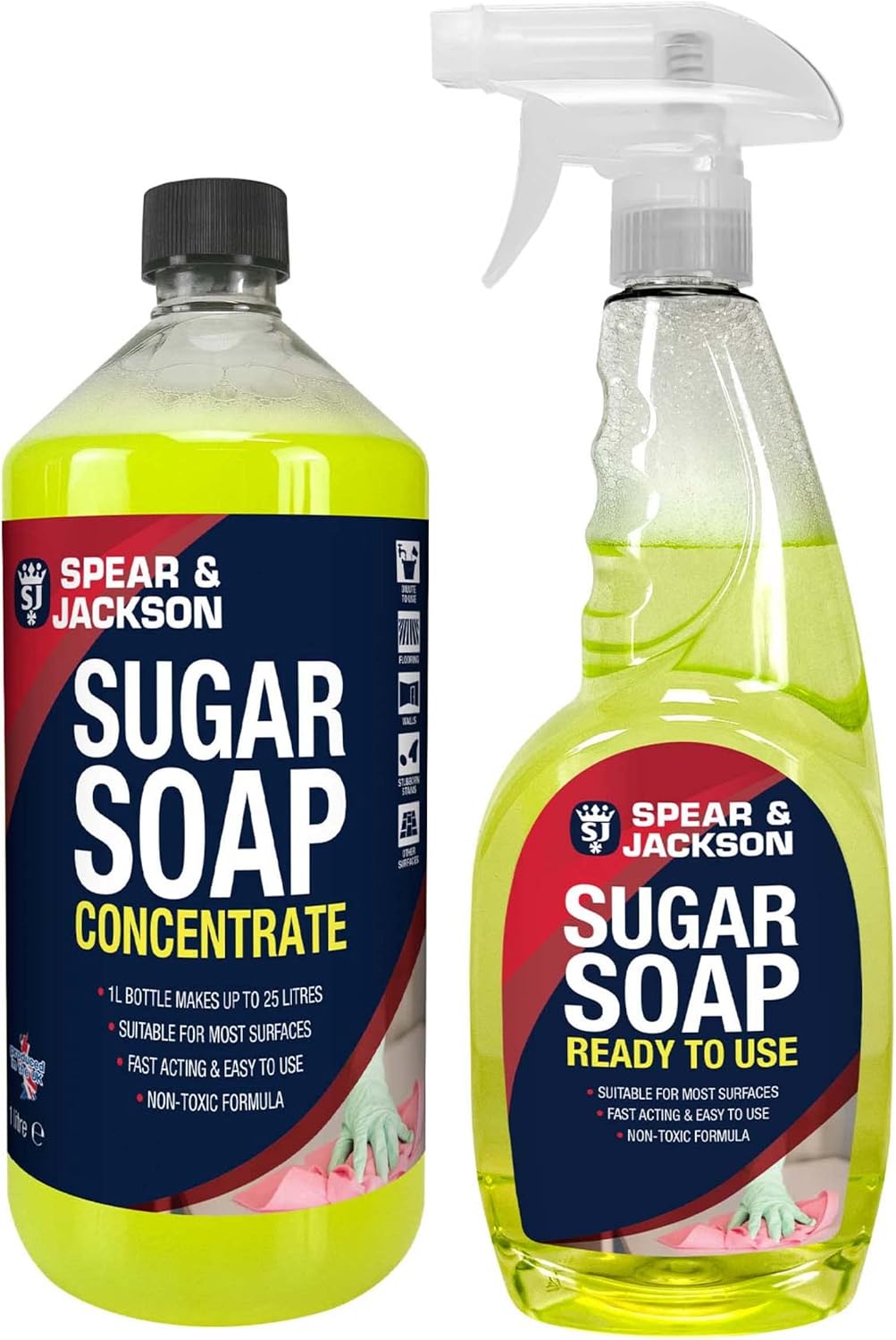 Spear & Jackson Sugar Soap Concentrate, 1L + 750ml Ready to use Spray, Multi-Surface Cleaner for Grease and Grime