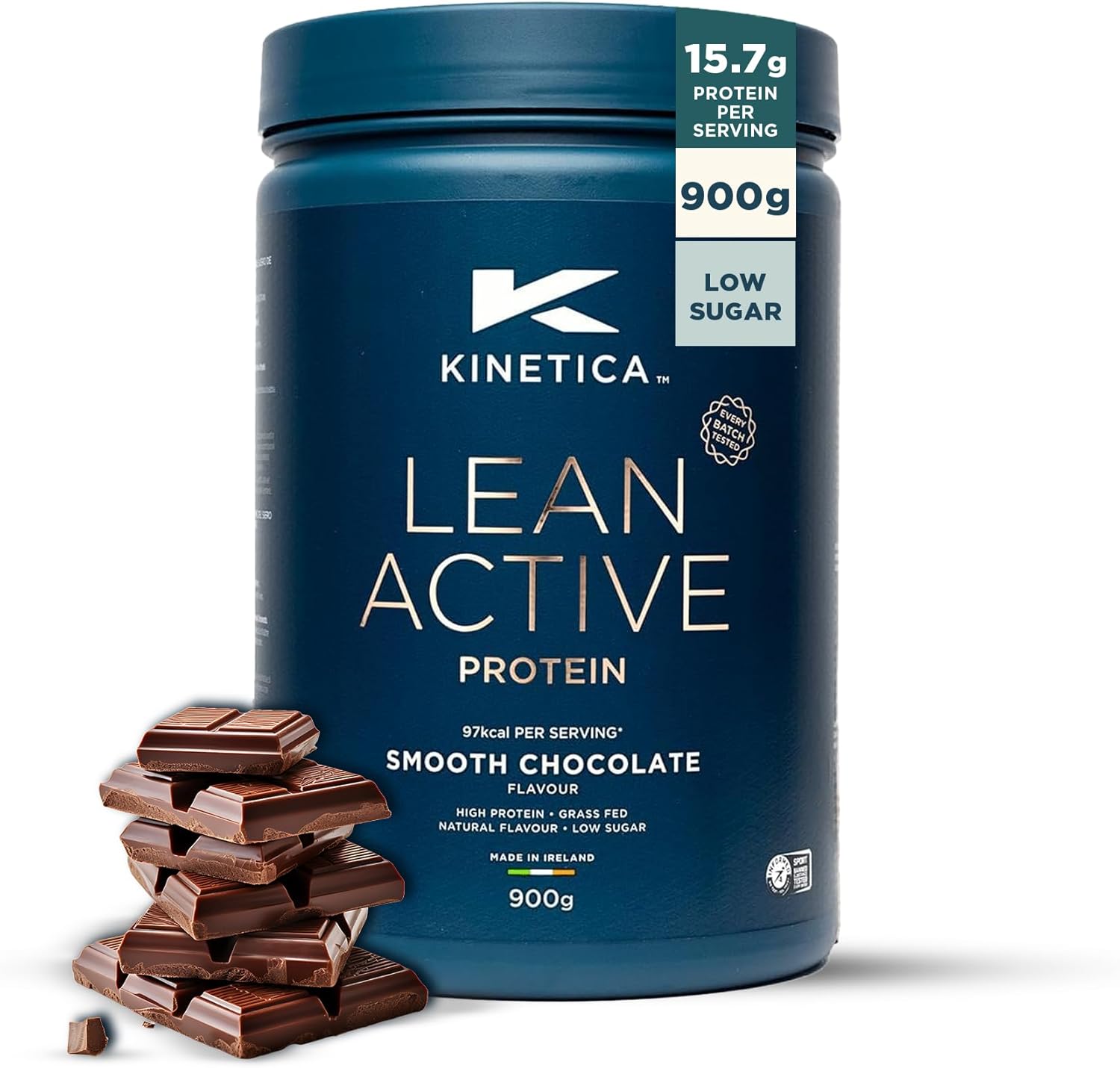Kinetica Sports Lean Active Protein Powder - Smooth Chocolate Flavour | 16g Protein/Serve, 36 Servings/900g Pack | High in Fibre & Protein with Green Tea Extract | Low in Fat & Sugar | Easy Mixability