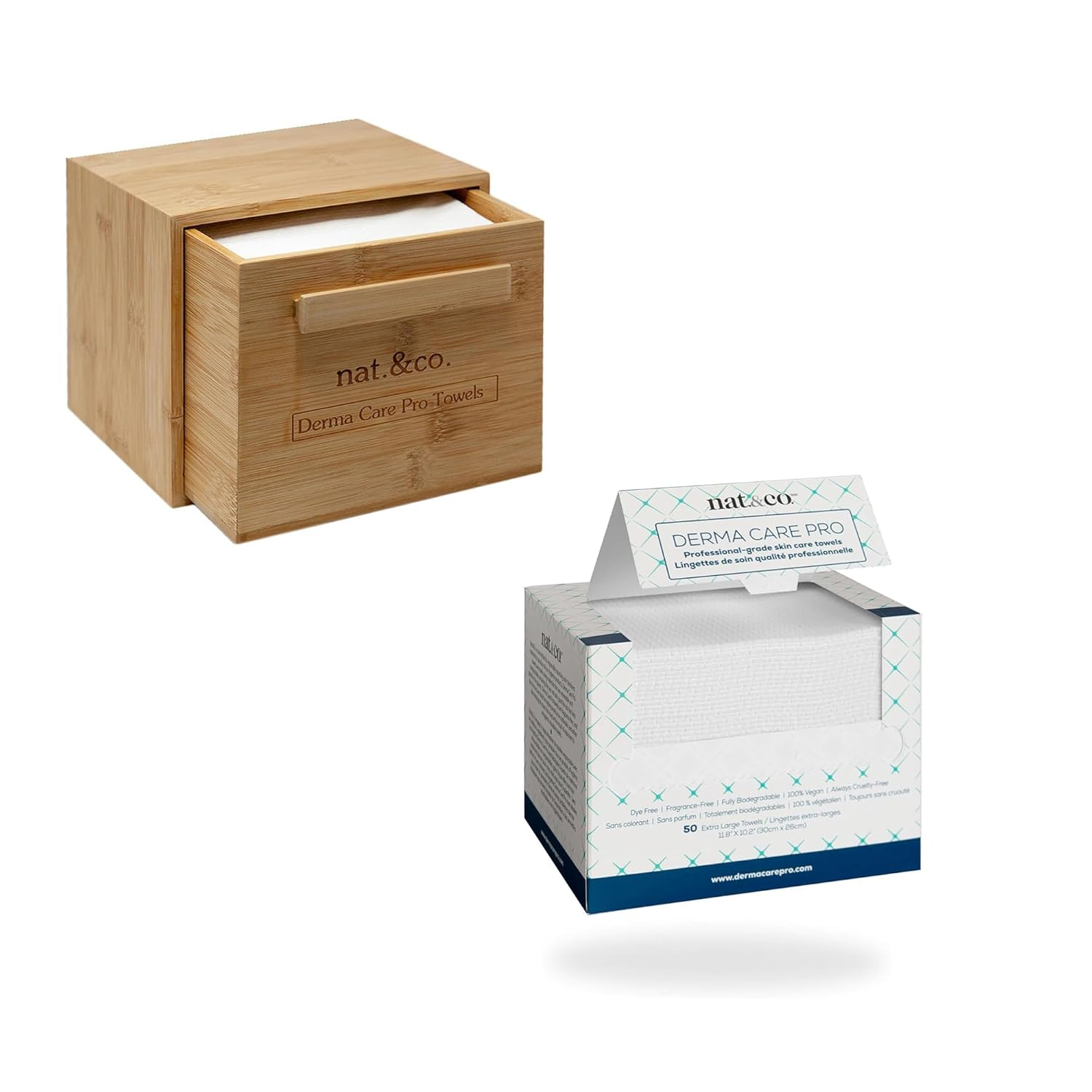 Nat.&Co. Derma Care Pro: Deluxe Bamboo Box with 50 XL Biobased & Biodegradable Face Towels - Sensitive Skin, Makeup Removal, & Skincare