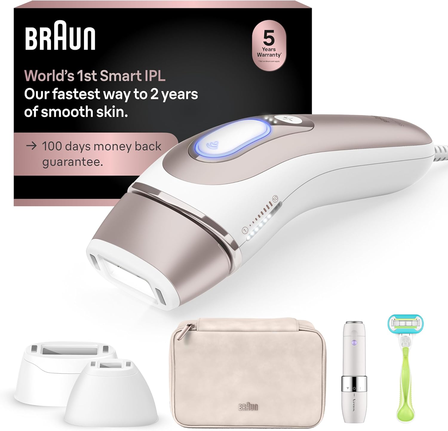 Braun Smart IPL, Skin i·Expert Pro 7: at Home Laser Hair Removal for Women and Men, Permanent Visible Hair Reduction, with Free App, Vanity Case, Venus Razor, 2 Smart Heads, Facial Trimmer, IPL7219