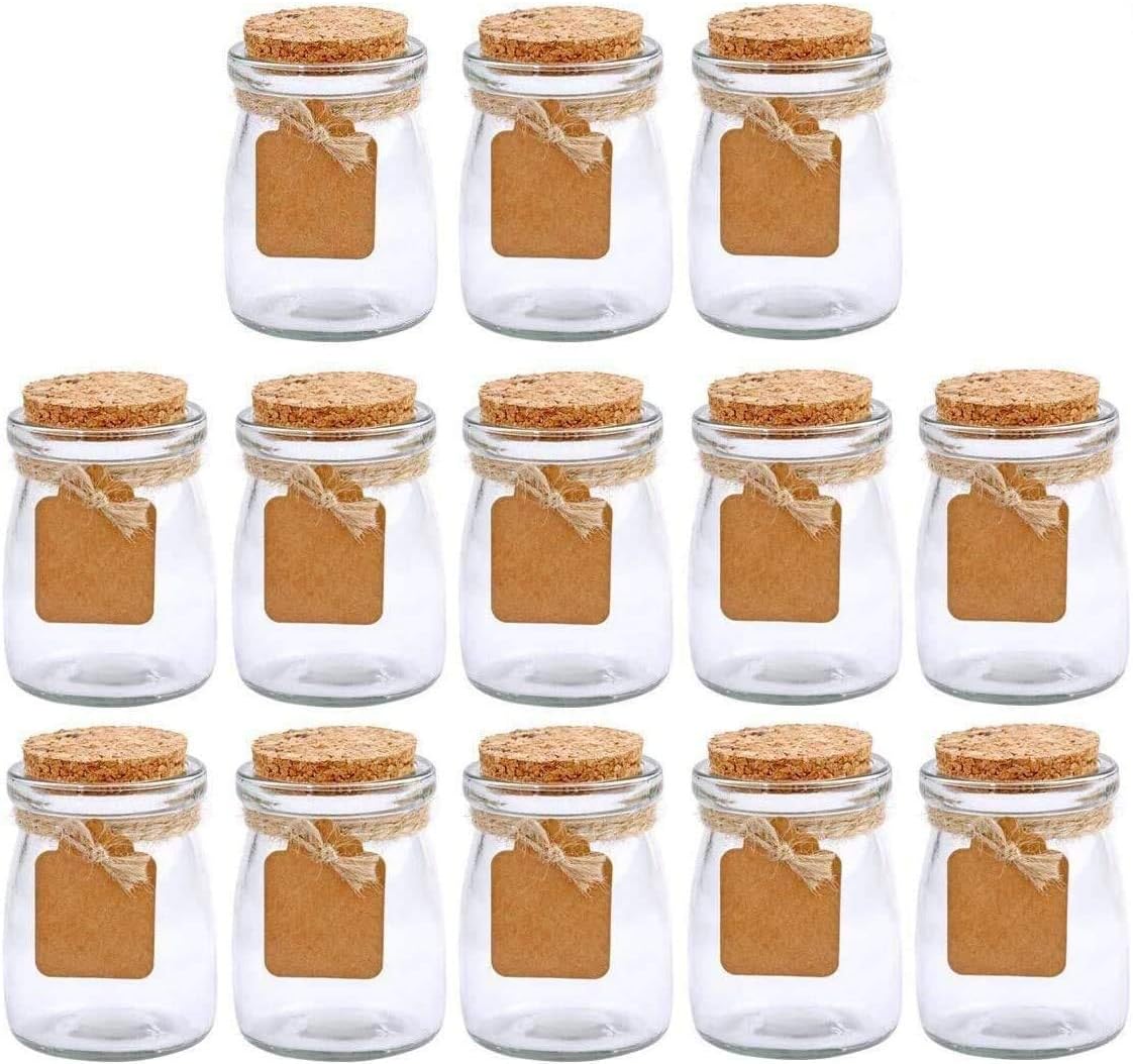 Brajttt 30Pcs Glass Favor Jar With Cork Lids，3.4 oz Small Glass Bottles for Wedding Favor, Party Favor, Gift Jars for Candy, Twine and Labels，Multifunctional,Great Decoration 100 ML