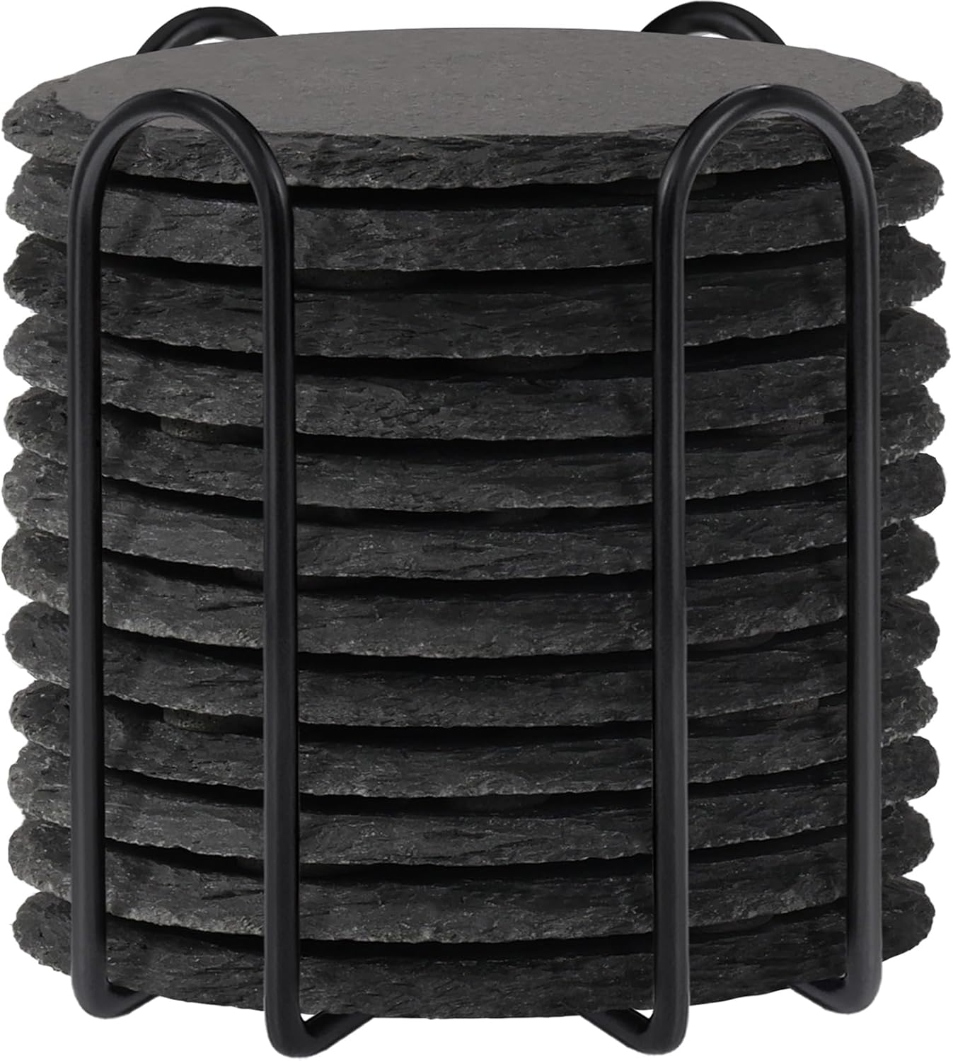 12 Pieces Coasters with Holder, WEWINK PLUS 4 Inch Slate Coasters Bulk Round Rock Rustic Coasters Black Stone Coaster with Anti-Scratch Backing for Bar, DIY, Kitchen, Home Decor