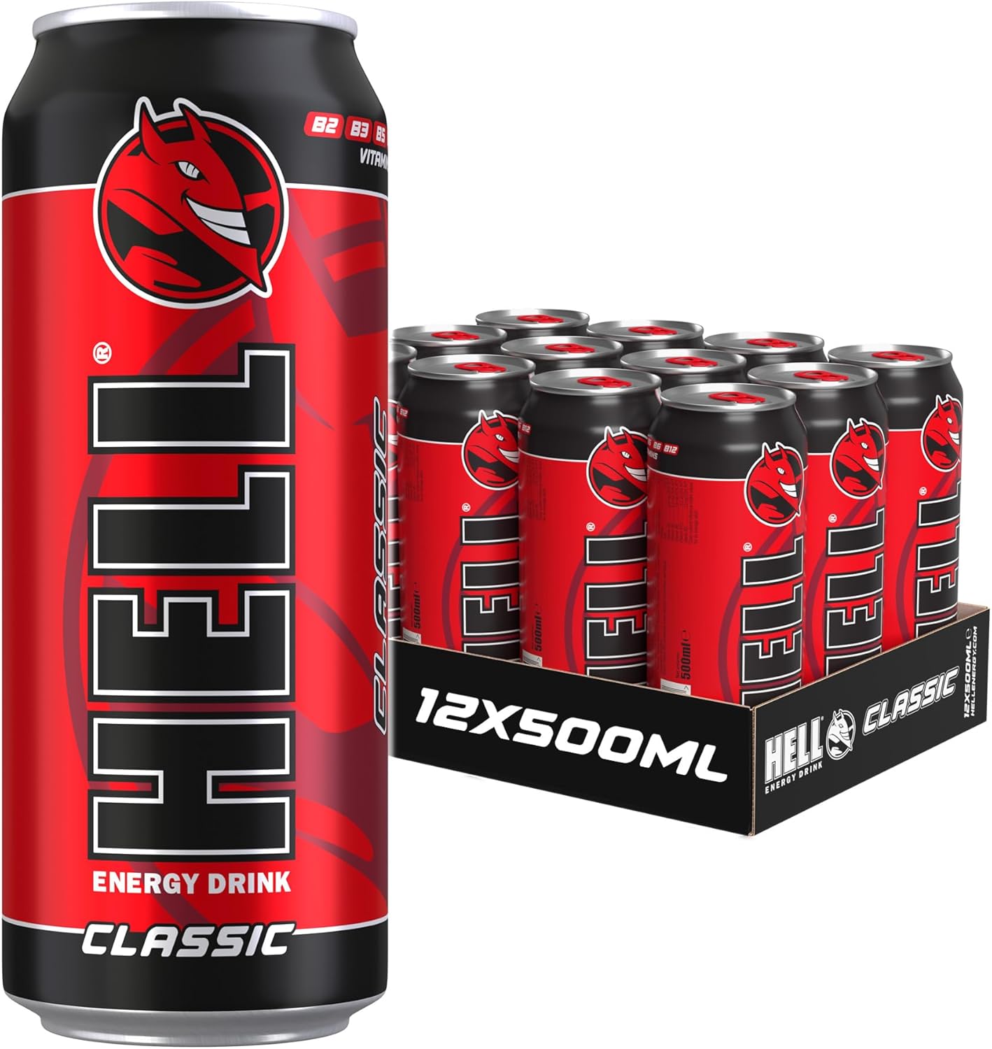 HELL Energy Drink Classic Flavour | 12 x 500ml Cans Multipack | 32mg/100ml Caffeine | Contains Vitamins B2 B3 B5 B6 B12 | Preservative Free | Vegan | Reduce Fatigue & Boost Energy