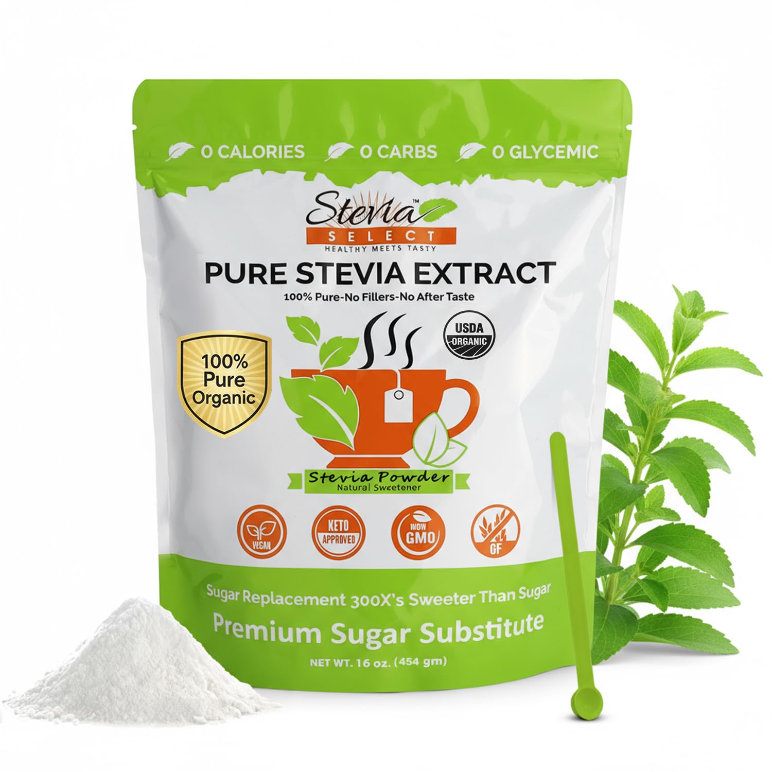 Stevia Select Organic Stevia Powder Sugar Free Plant Based Stevia Sweetener Non GMO Pure Stevia Extract Sugar Substitute No Additives Zero Calorie 16 Oz