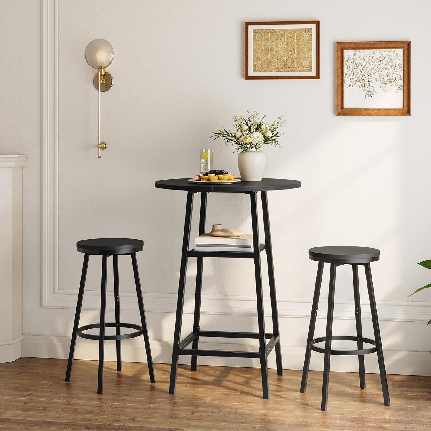 Round Bar Table, 37.4" High Pub Top Table with Footrest, 2-Tier Counter Height Cocktail Tables with Storage, Bistro Table for Small Spaces, Easy to Assemble, Black BTHB12501N1