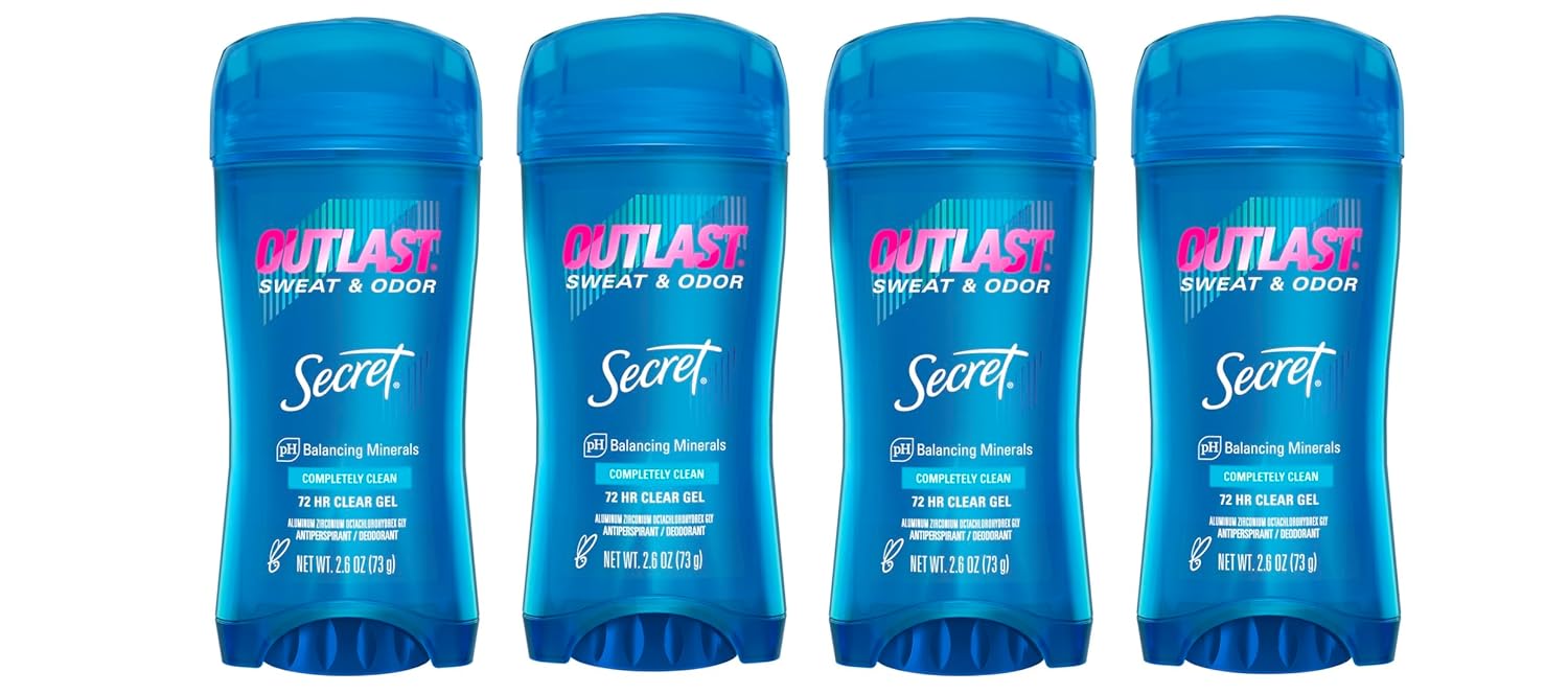 Secret Outlast Clear Gel Antiperspirant Deodorant for Women, Completely Clean, 2.6 oz (Pack of 4)