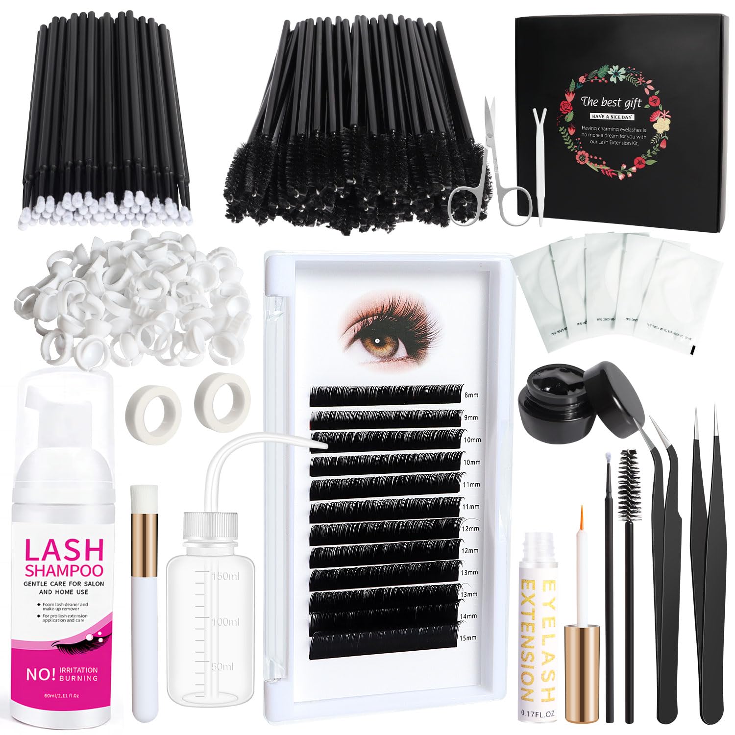 15pcs Individual Eye Lash Extension Kit, Women 8-15mm C Curl False Eyelash, 60ML Lash Shampoo, Mascara Wand, Cleansing Brush, Lashes Glue, Glue Remover, Beginner Practice Lash DIY Tool Supplies Set