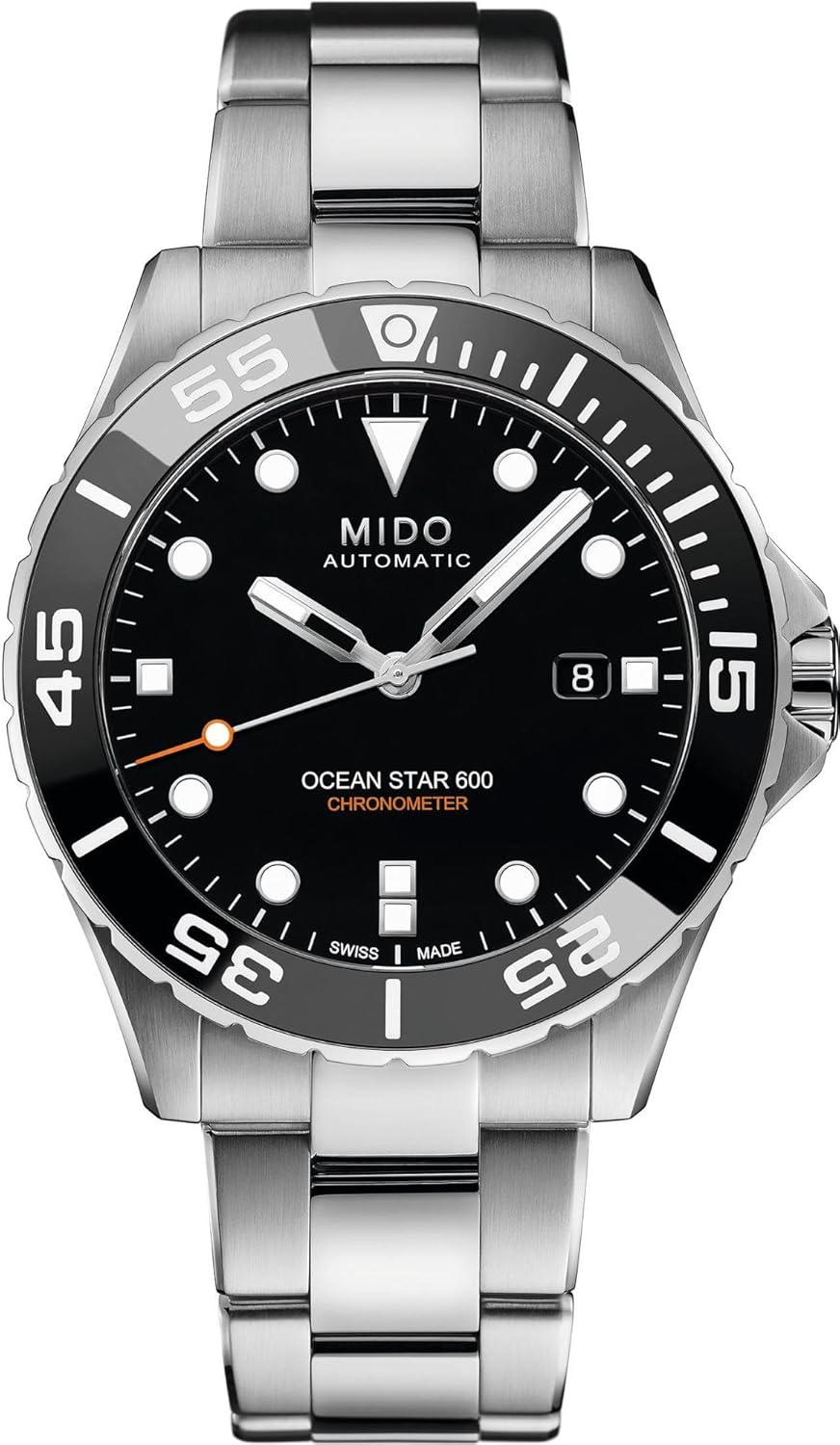 MIDO Ocean Star 600 Chronometer - Swiss Automatic Watch for Men - 43.5mm Stainless Steel Case with Rotating Ceramic Bezel - Stainless Steel Bracelet with Folding Clasp and Diving Extension, Black on