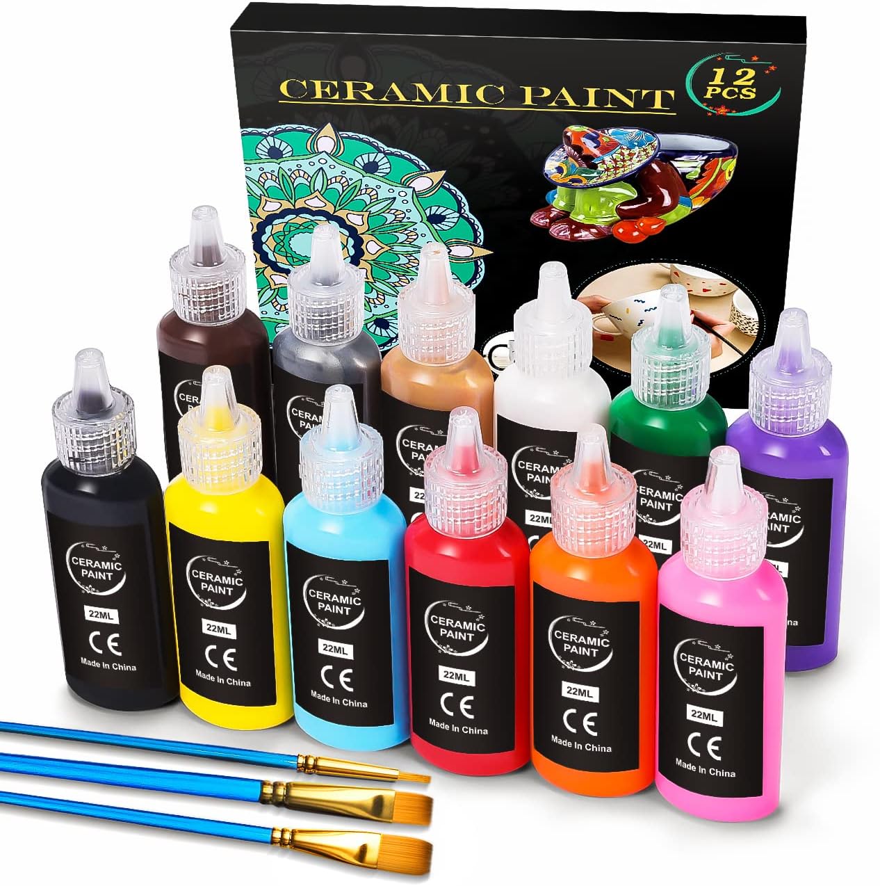 Ratel Ceramic Paint Set: 12 x 22ml Water Resistant Porcelain Paint with 3 Brushes, Ideal for DIY Mugs, Cups, Plates, Ceramics & Pottery - Dishwasher Washable