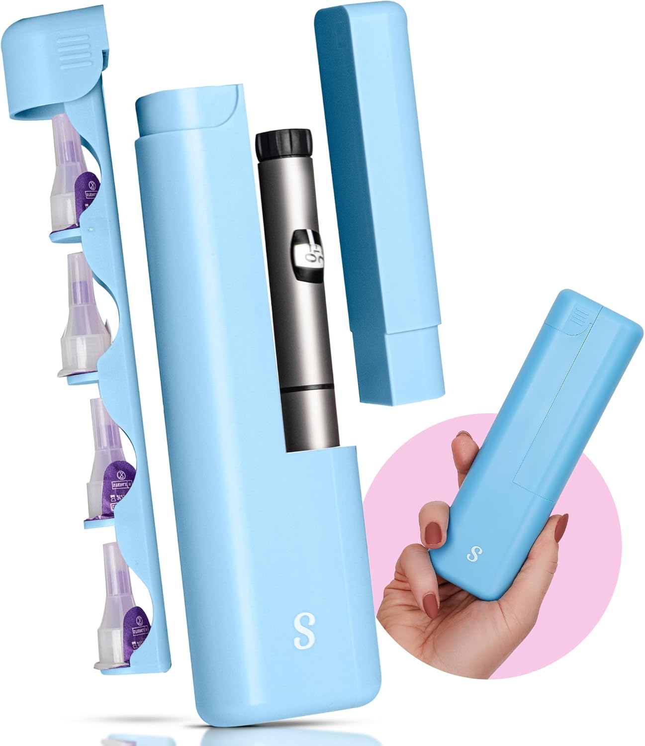 STRAWBERRY & CO DailyEase Insulin Travel Case with Built-in Sharps Dispenser – TSA-Approved Diabetic Supply Organizer for Ozempic, Insulin Pens, and Needle Storage - Blue