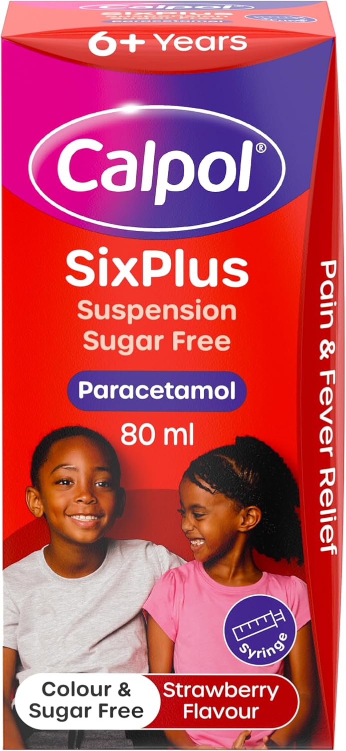 Calpol SixPlus Oral Suspension Paracetamol (1 x 80ml), Sugar-Free Strawberry Flavour Calpol 6 Plus with Paracetamol for Fever & Pain Relief, Suitable for Kids from 6 Years