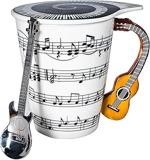 Guitar Novelty Mug Unique Musical Gift Coffee Cup with Cool Music Themed Lid & Guitar Handle Design & Guitar Spoon, Great Gifts for Music Teacher, & Guitar Lovers for Holidays, Fathers Day, Men, Women
