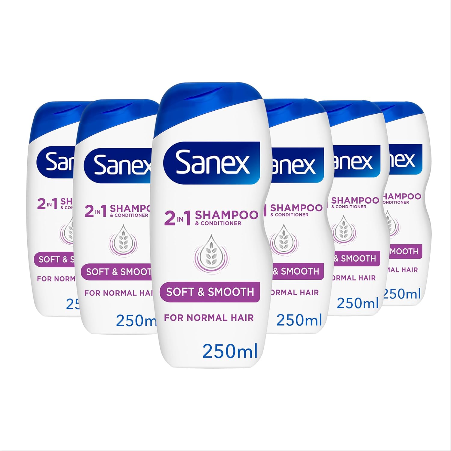 Sanex Nourishing & Gentle 2-in-1 Shampoo and Conditioner 250 ml Pack of 6, Dermatologically Tested, Natural Extracts to Nourish & Soften Hair (6 x 250 ml)