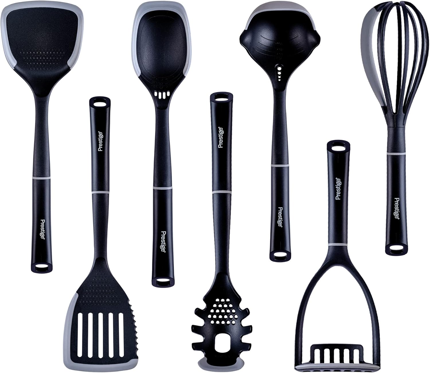 Prestige 2-in-1 Kitchen Utensils Set of 7 - Cooking Utensils Set with Non Scratch Silicone Edges, Heat Resistant Kitchen Utensils to Protect Non Stick Cookware, Black & Grey