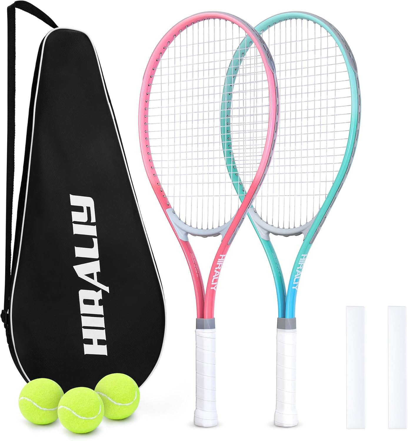 HIRALIY 27" Tennis Rackets Set of 2, 3 Tennis Balls, 2 Racquets, 2 Overgrip Tapes and 1 Carrying Bag Outdoor Recreational Sport Game