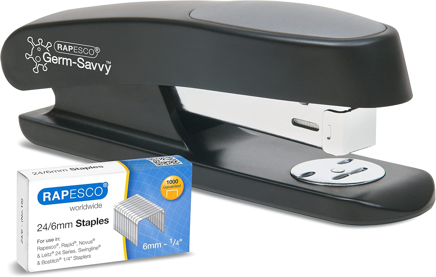 Rapesco 1482 ECO Sting Ray Stapler and 1000 x 24/6 mm Staples, 20 Sheet Capacity, Antibacterial Protection, Black