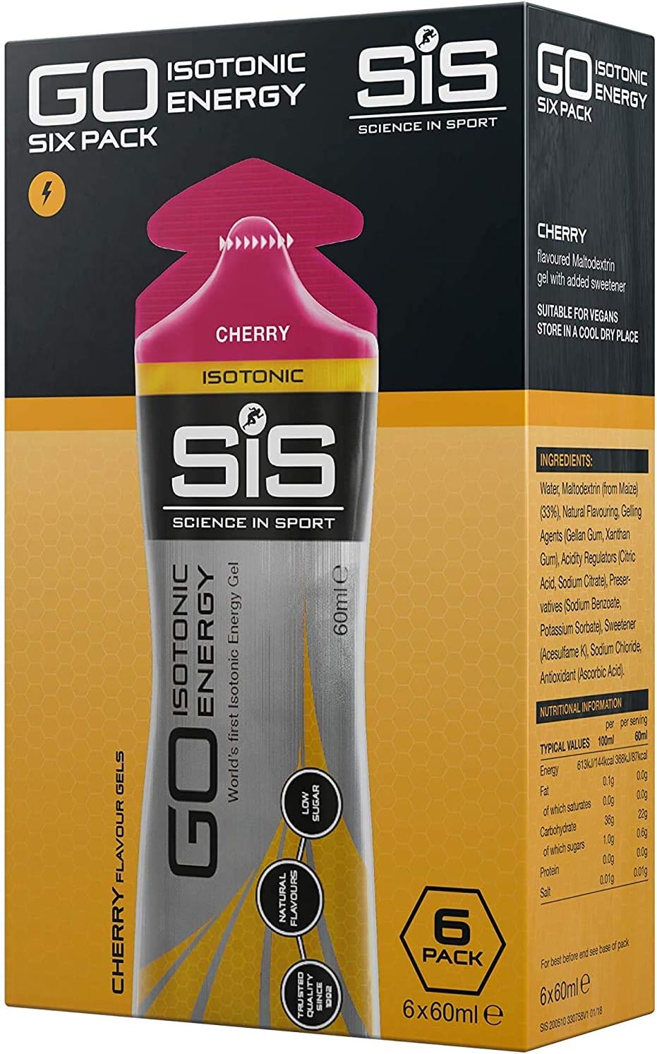 Science in Sport Energy Gel Pack, SIS Isotonic Energy Gel, 22g Fast Acting Carbs, Performance & Endurance Gels, Cherry Flavor - 2 Fl Oz (Pack of 6)