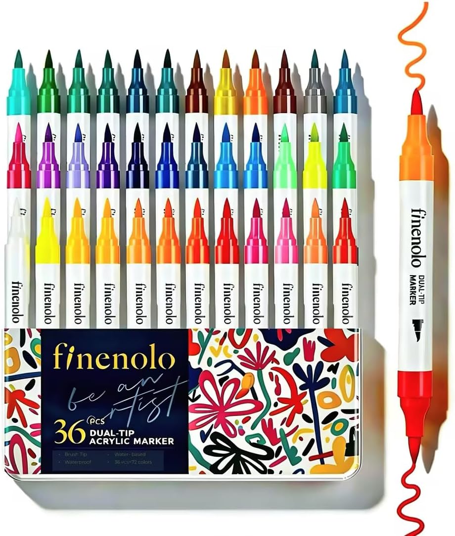 finenolo 72 Colors Acrylic Paint Markers, 36 Dual Brush Tip Art Markers, Water Based Acrylic Pens for Rock, Wood, Fabric, Glass, Stone Painting and DIY Crafts– Vibrant, Non-Toxic, Blendable