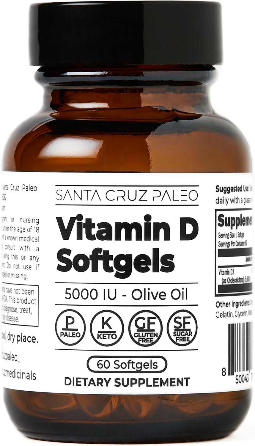 Santa Cruz Paleo Vitamin D Supplement, Bone Health & Immune Support, 5000 i.u. Per Softgel, Gluten Free, Keto, Sugar Free, Paleo, Vitamin D3, Olive Oil for Absorption, Natural Ingredients, 60 Softgels