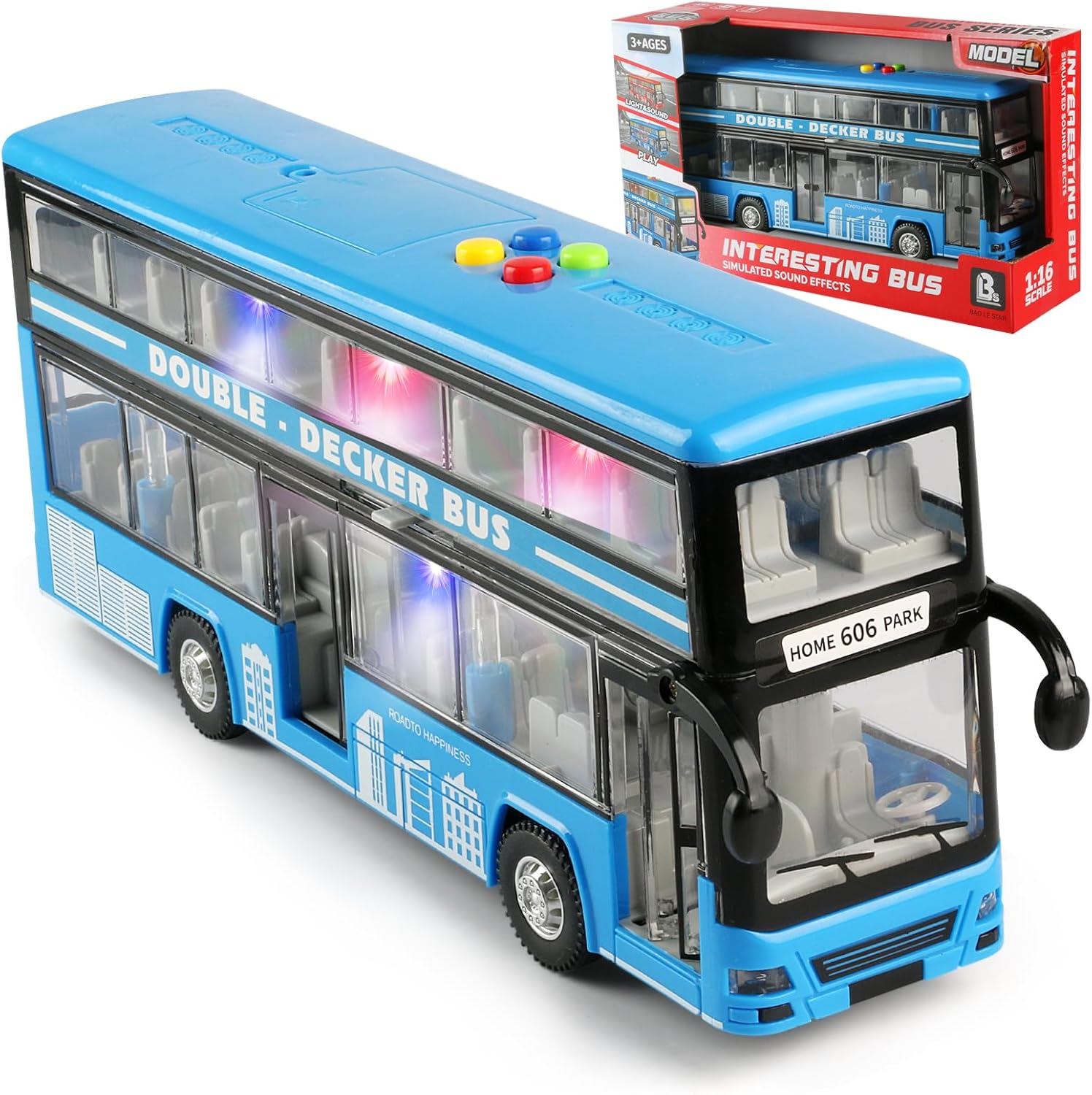 11"(28cm) Double Decker Bus Toy with Lights & Sounds, Scale(1:16) Friction Powered Bus Toy for Kids with Indoor Ceiling Lights and 4 Different Sounds - Gift for Kids Ages 3+ (Bule)