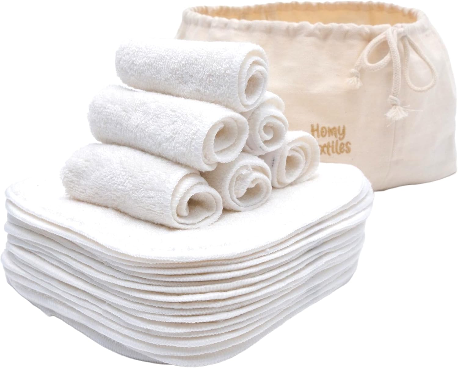 Homy Textiles Pack of 25 Bamboo Reusable Wash Cloth & Baby Wipes - 20 cm x 20 cm Soft Flannel Face Cloth with a Decorative Stylish 100% Cotton Bag - Newborn Essentials