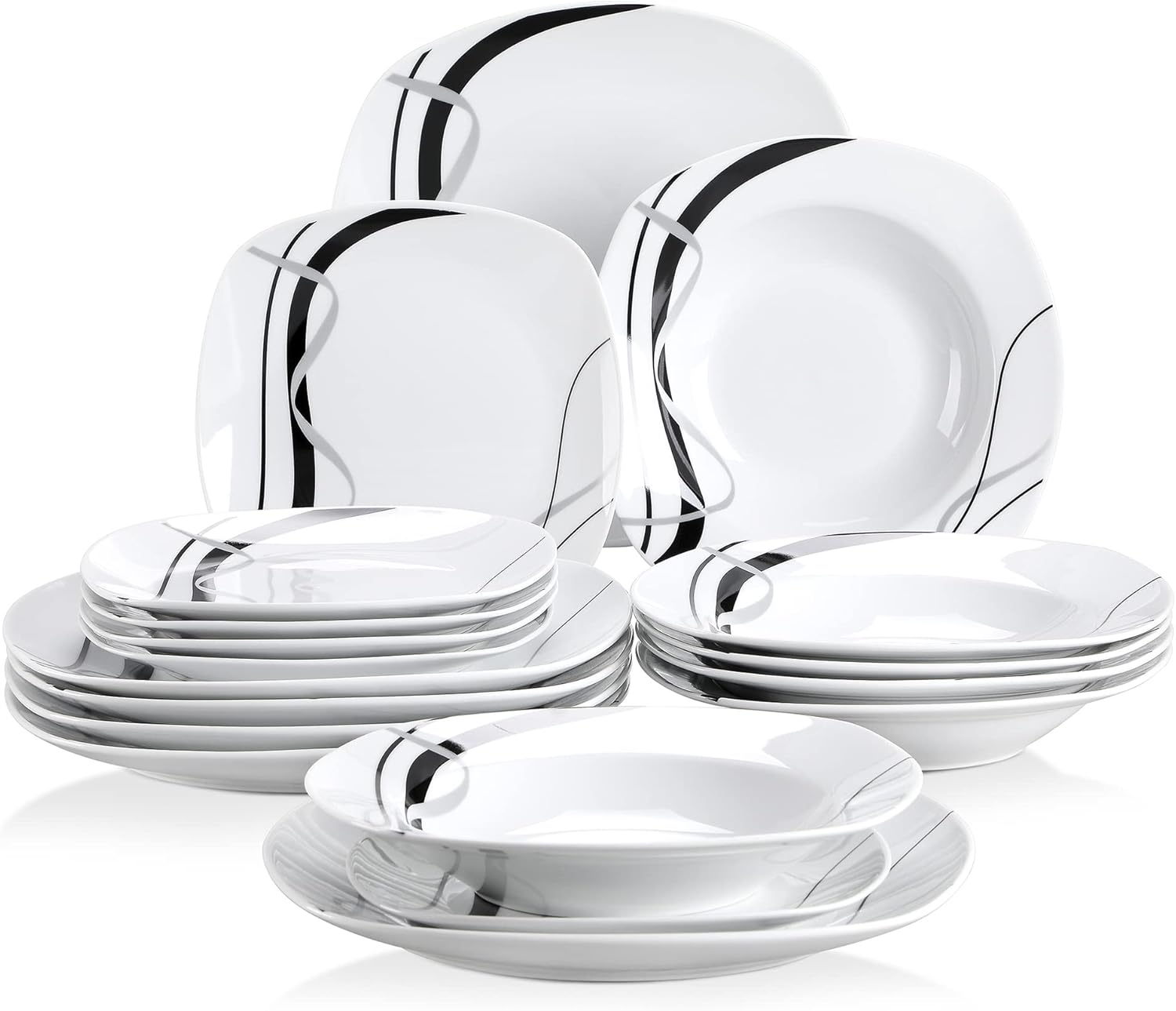 VEWEET 'Fiona' 18-Piece Dinner Set, Porcelain Tableware Set,Ivory White Black Lines Dinnerware Set of 6 * 9.75" Dinner Plate, 6 * 7.5" Dessert Plate, 6 * 8.5" Soup Plate, Service for 6