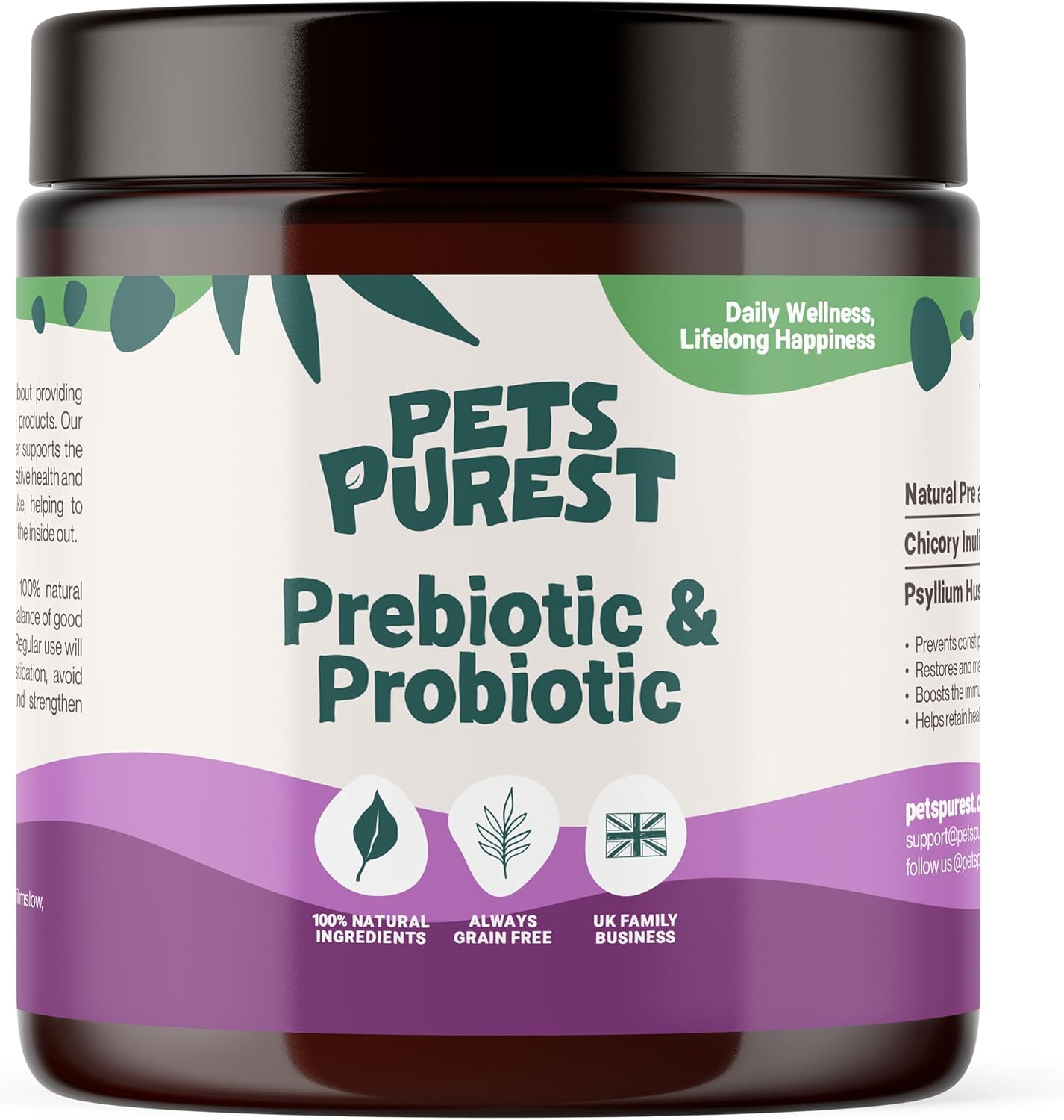 Pets Purest Digestive Prebiotic Probiotic for Dogs, Cats & Pet - 100% Natural Fibre Digestion Enzymes Immune Support Supplement for Gut Health and Healthy Stools