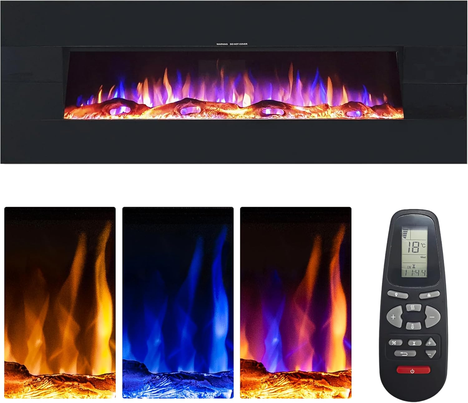 Ezee Grand Built-In Electric Fire - 60" | Wall Mounted or Recessed Black or White LED Flame Effect Fireplace Heater | 2 Decorative Fuel Bed Options, 3 Flame Colours & Remote Control | Zara Glow Range