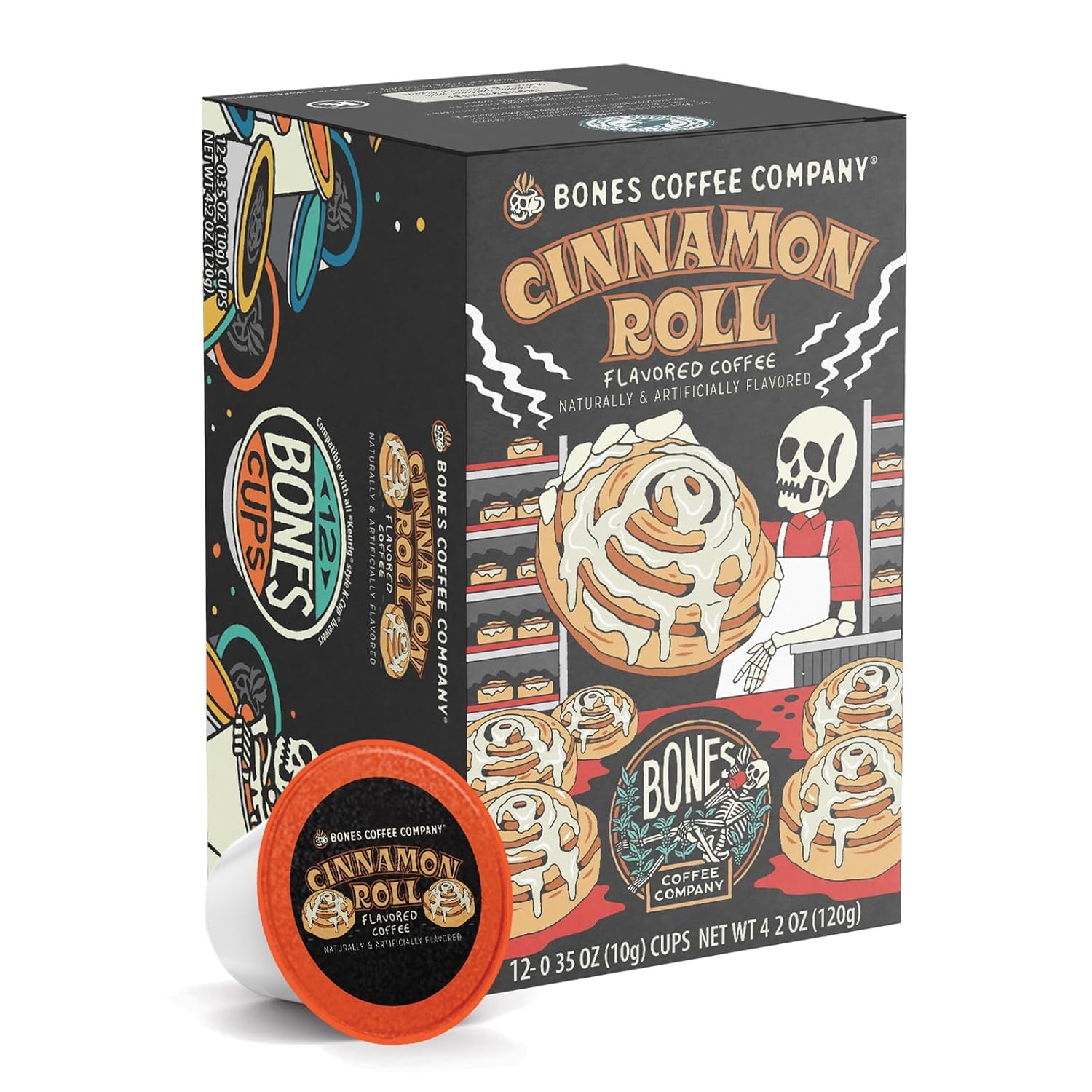 Bones Coffee Company Cinnamon Roll Flavored Coffee Pods, Low Acid Medium Roast Single-Serve Bones Cups, Compatible with 1.0 & 2.0 K-Cups Brewers Coffee Maker, 12 Count