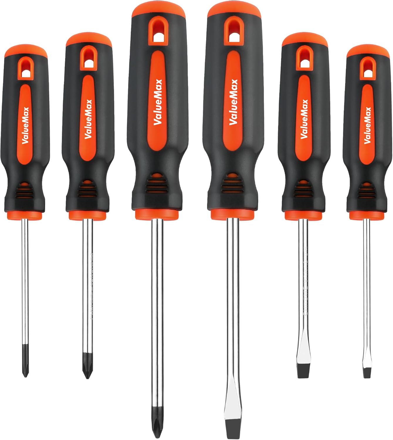 ValueMax 6-Piece Magnetic Screwdriver Set, 3 Phillips and 3 Flat Tip Screwdrivers, Non-slip Handle Screw Driver Set Kit