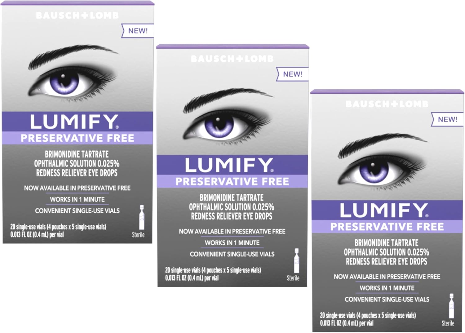 LUMIFY Redness Reliever Preservative Free Eye Drops, 20 Single Use Vials (Pack of 3)