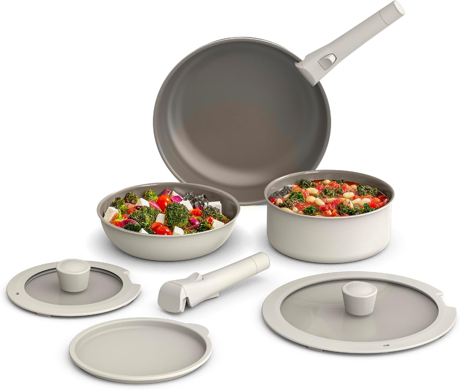 bella 8 Piece Cookware Set, Fits-anywhere™ Kitchenware w EverGood™ Ceramic Nonstick Coating​, Removable Handles, Dishwasher & Oven Safe, All Stovetops Compatible, Glass Lids w Silicone Rims, Oatmilk
