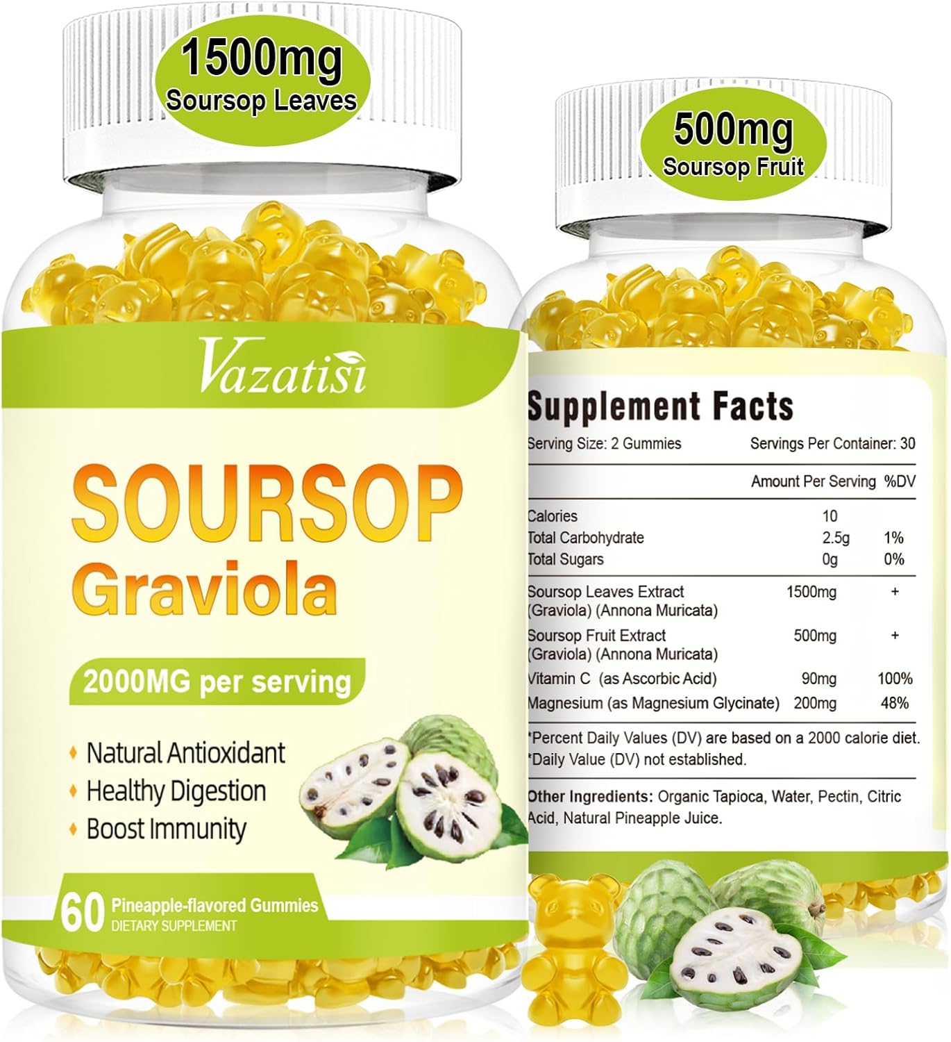 2 Pack Soursop Graviola Gummeis, Organic Soursop Leaves and Fruit Extract for Cell Support & Regeneration, Immune Boost, Digestive Aid, Sugar Free/Vegan, Pineapple Flavor