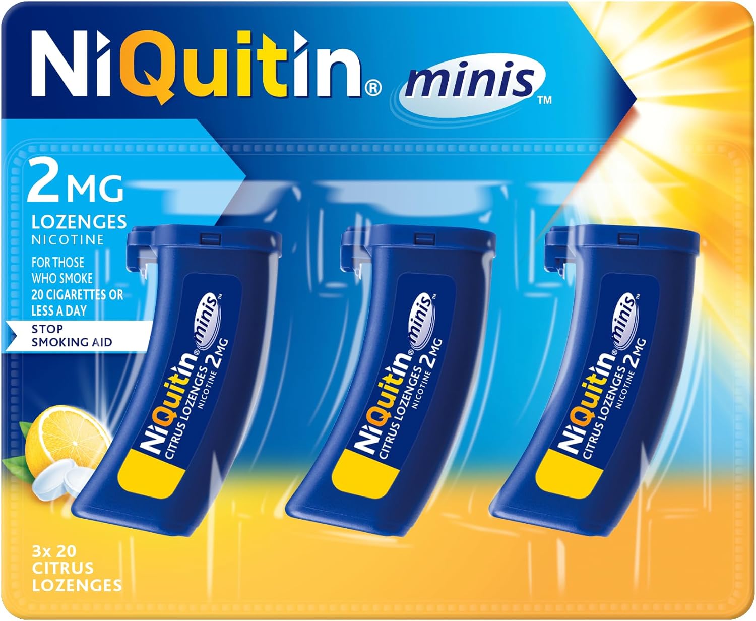 NiQuitin 2mg Minis Citrus Lozenges - Citrus Flavour (3 x Pack of 20 Minis Nicotine Lozenges) - Smoking Craving Relief in Just 3 Minutes* - On The Go - Pocket Sized Containers.