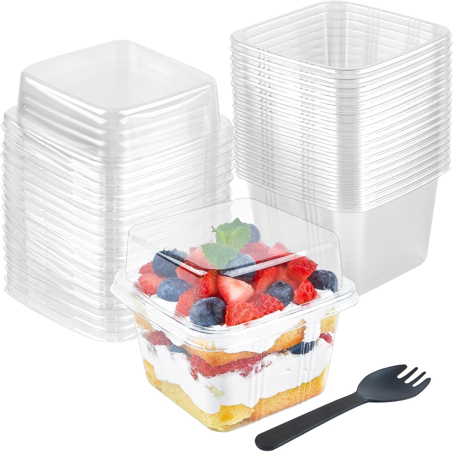 LATERN 50Pcs Plastic Dessert Cups with Lids, 240ml Square Dessert Bowls Clear Parfait Appetizer Cup Reusable Serving Bowl with Sporks for Fruit Yogurt Pudding Mousse Party (8.5cm x 8cm)