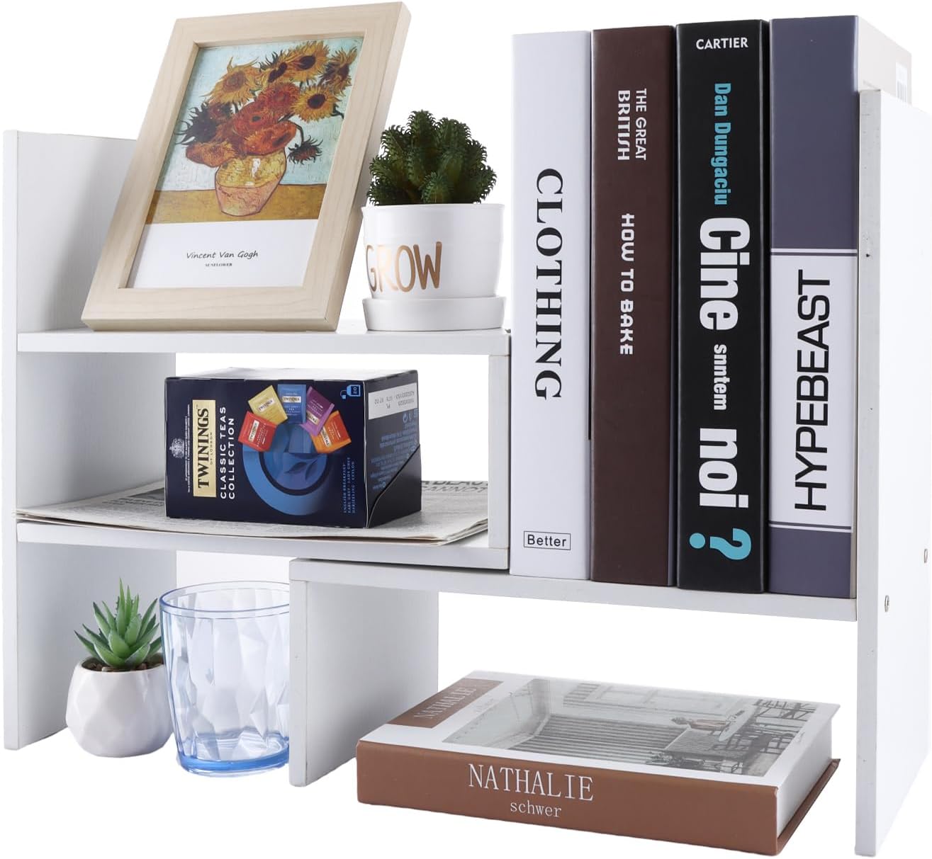 ASelected Wood Adjustable Bookshelf 17x35x30CM Desktop Bookshelf Display Storage Shelf Rack Desk Tidy Organiser Countertop Bookcase for Office & Home (Ivory White)