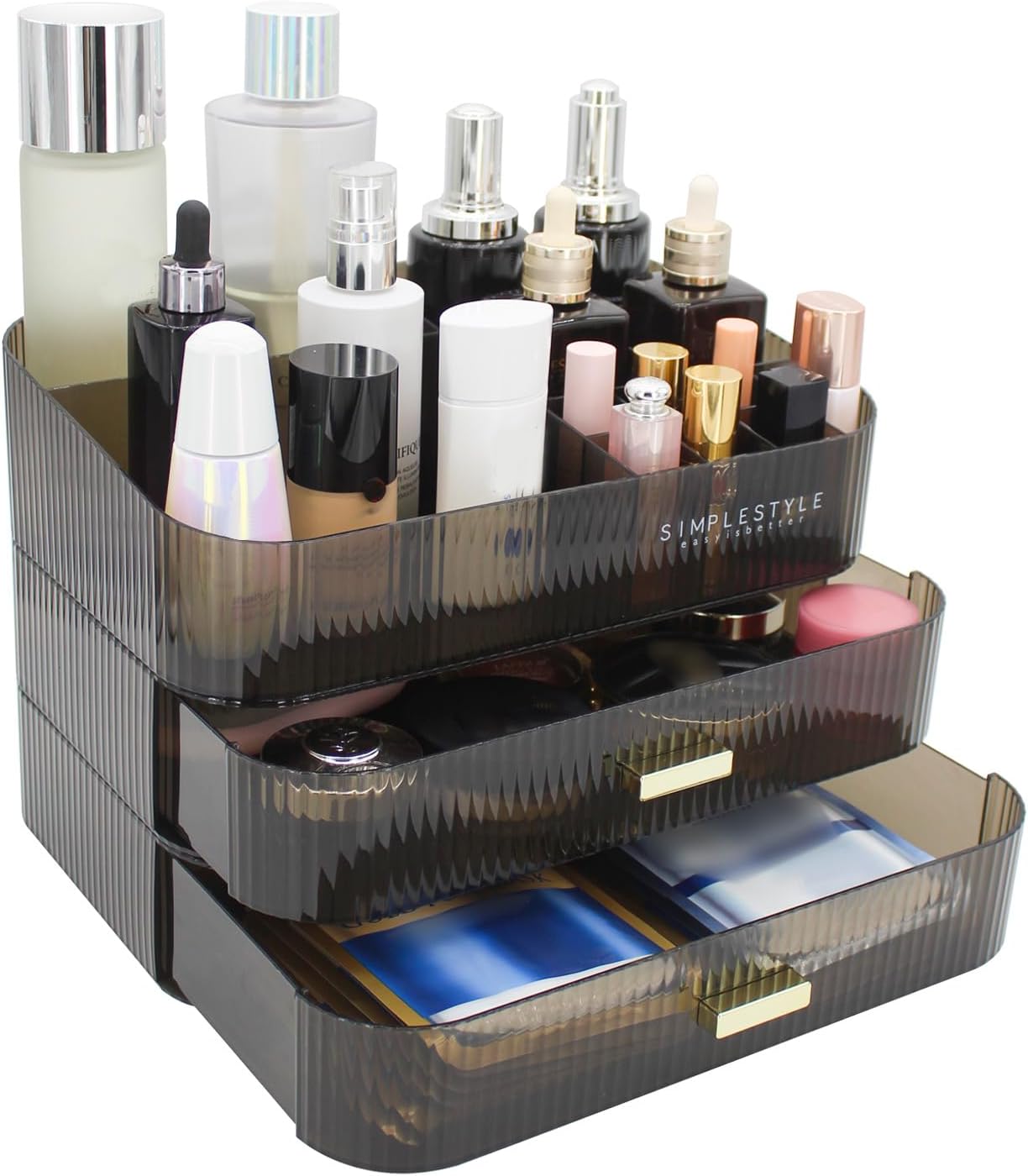 Makeup Organizer with 2 Drawers, Cosmetics Organizer for Bedroom and Bathroom Vanity Countertops, Large Capacity Cosmetic Storage Box for Skincare Cream Perfume Lipstick Dresser Counter-Black