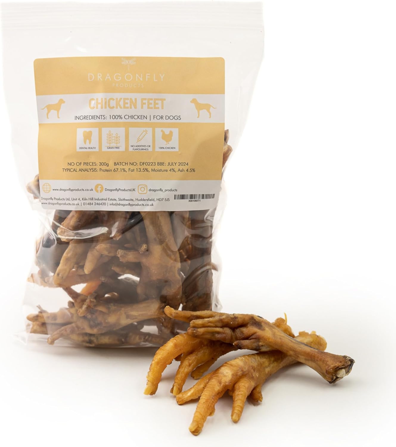 Dragonfly Products Air Dried Chicken Feet for Dogs | 300g (approx. 20 pieces) | Natural, Healthy, Dried Chew Treat | EU Produce | Grain Free and Hypoallergenic