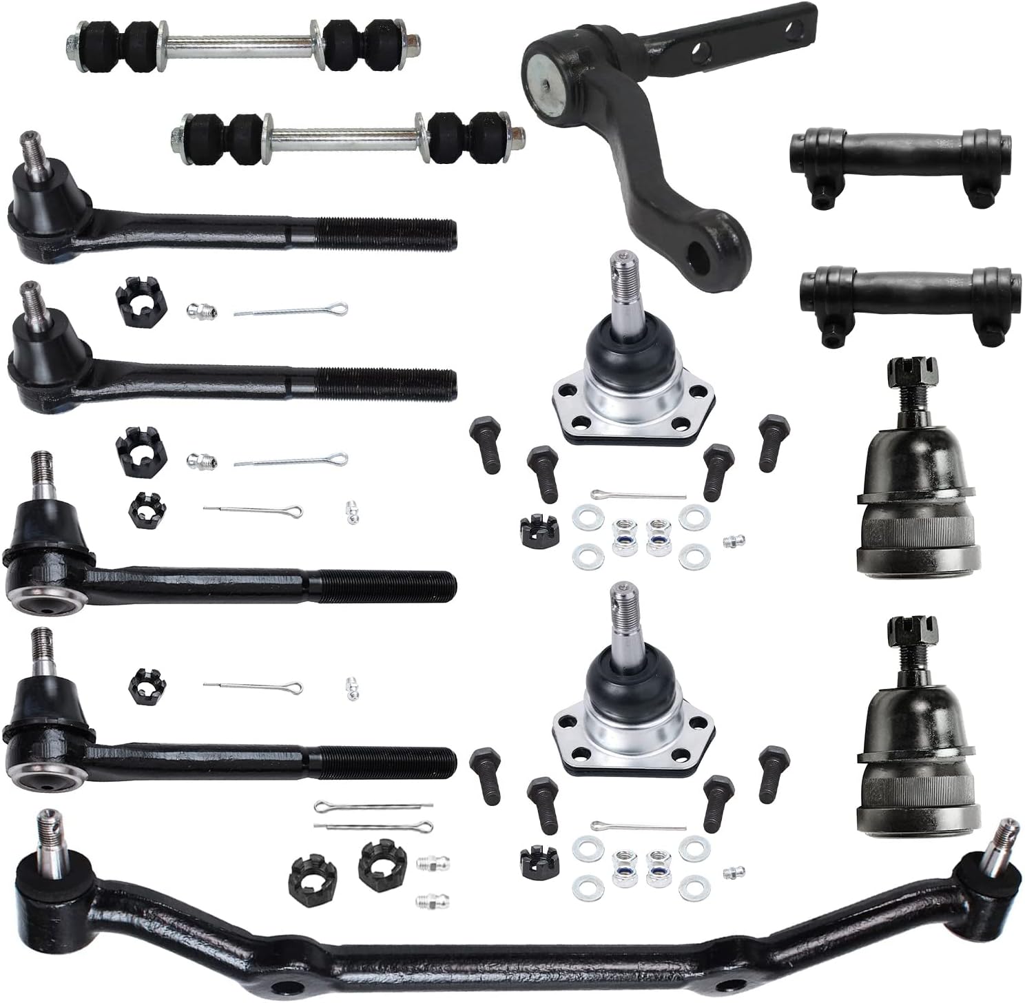 Detroit Axle - 14 Piece Front Suspension Kit - 2 Lower Ball Joints, 2 Upper Ball Joints, 2 Front Sway Bar End Links, 1 Idler Arm, 1 Center Link, 2 Adjustment Links, Tie Rod Ends - 2WD Models Only