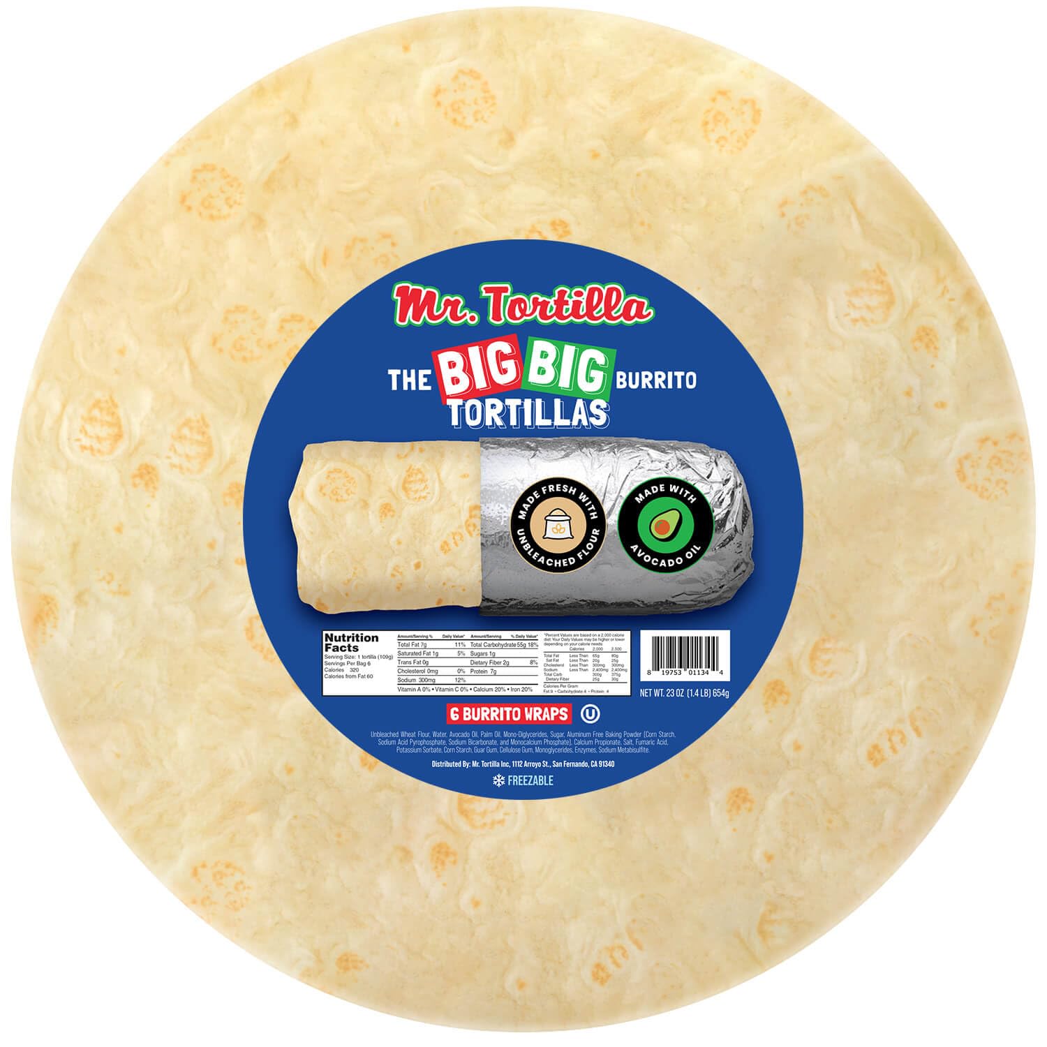 Mr. Tortilla Big Big Burrito Wraps - 12-13" - Small-Batch Artisan Tortillas, Restaurant Size, Made with Avocado Oil - Vegan Kosher (Traditional Flour, 6 Wraps)