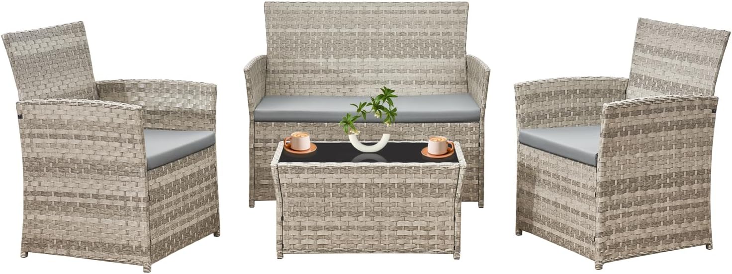 4 pc Grey Rattan Garden Furniture Set, 2 pcs Rattan Chairs,1 pcs Outdoor Loveseat, Glass Coffee Table and Grey Cushions