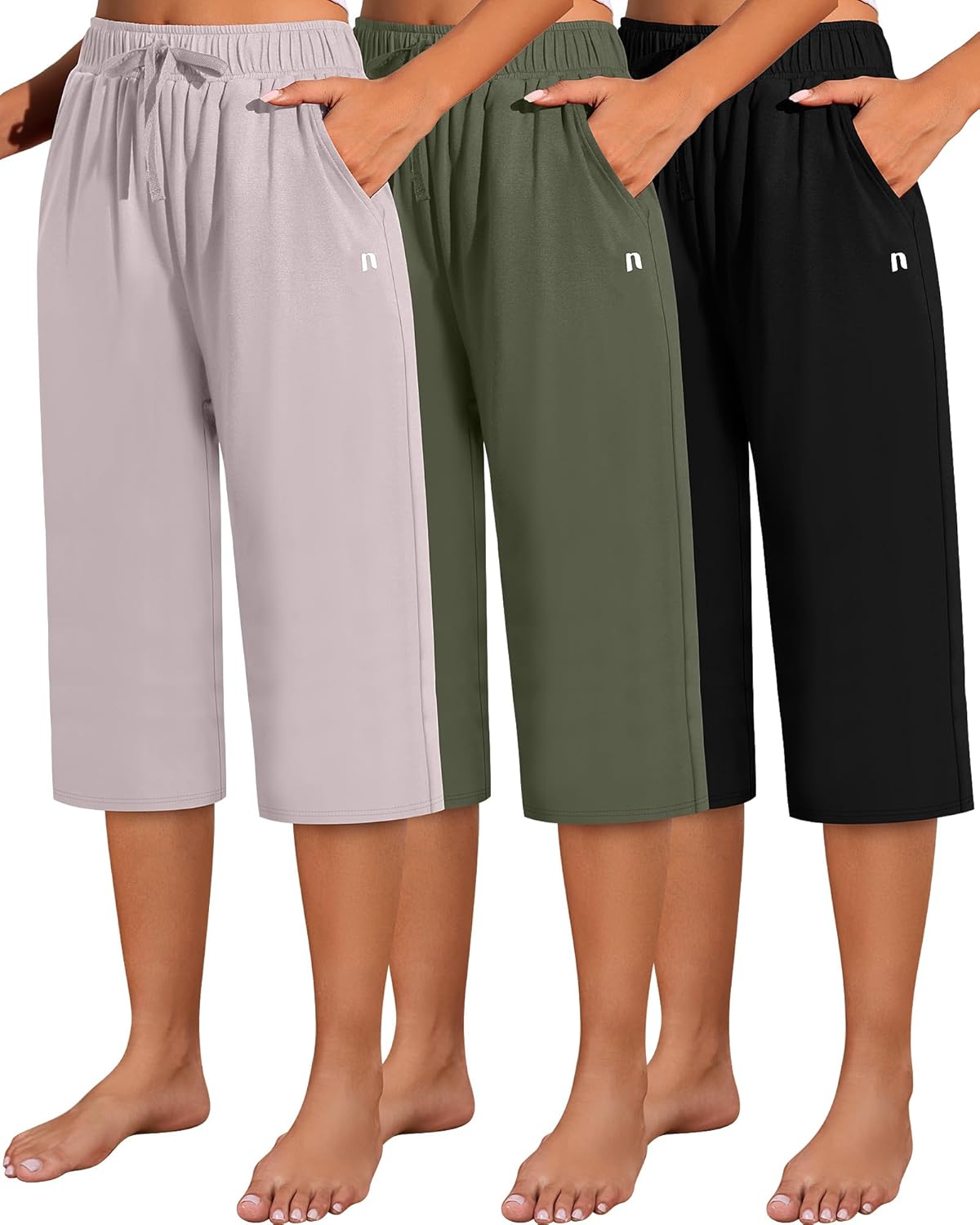 Neer 3 Pack Women's Capri Pants, Cotton Wide Leg Basic Sweatpants Lounge Loose Fit Casual Drawstring Yoga Capris with Pockets